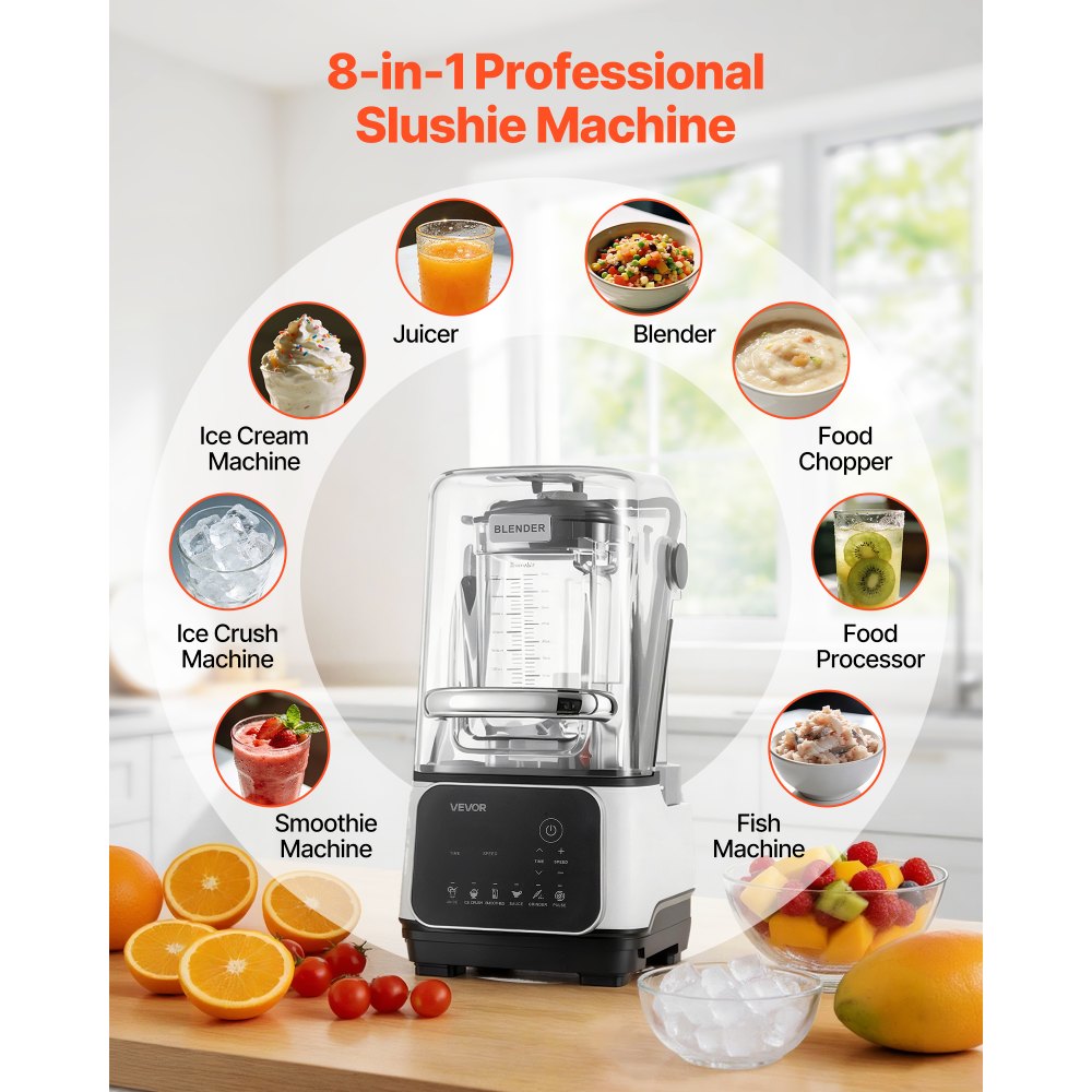 VEVOR Blender, 2L Professional Countertop Blenders with Shield, 2200W 26000RPM Kitchen Food Processor Combo, Self-Cleaning, Speed Adjustable, 6 Preset Menu for Smoothies, Ice Crushing, Puree, White