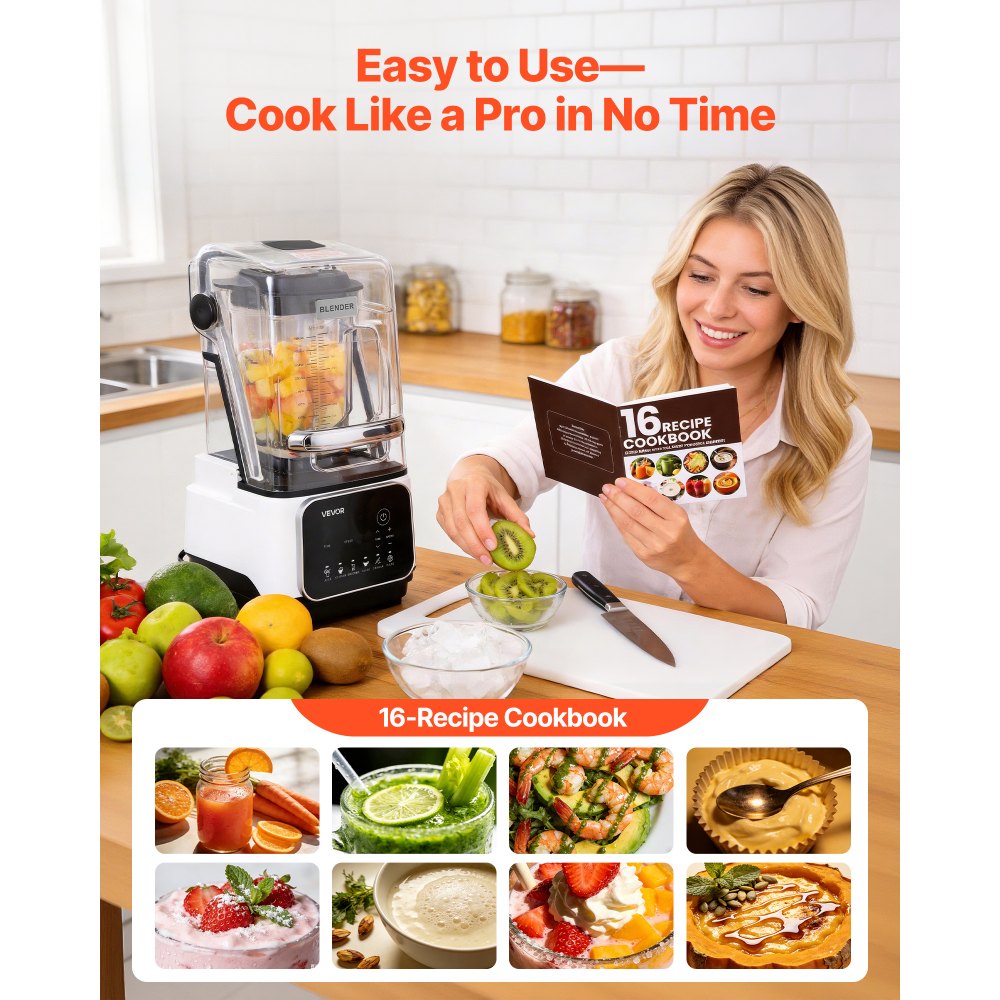 VEVOR Blender, 2L Professional Countertop Blenders with Shield, 2200W 26000RPM Kitchen Food Processor Combo, Self-Cleaning, Speed Adjustable, 6 Preset Menu for Smoothies, Ice Crushing, Puree, White