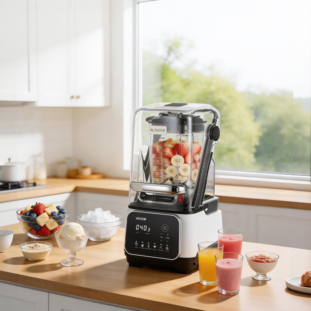 VEVOR Blender, 2L Professional Countertop Blenders with Shield, 2200W 26000RPM Kitchen Food Processor Combo, Self-Cleaning, Speed Adjustable, 6 Preset Menu for Smoothies, Ice Crushing, Puree, White