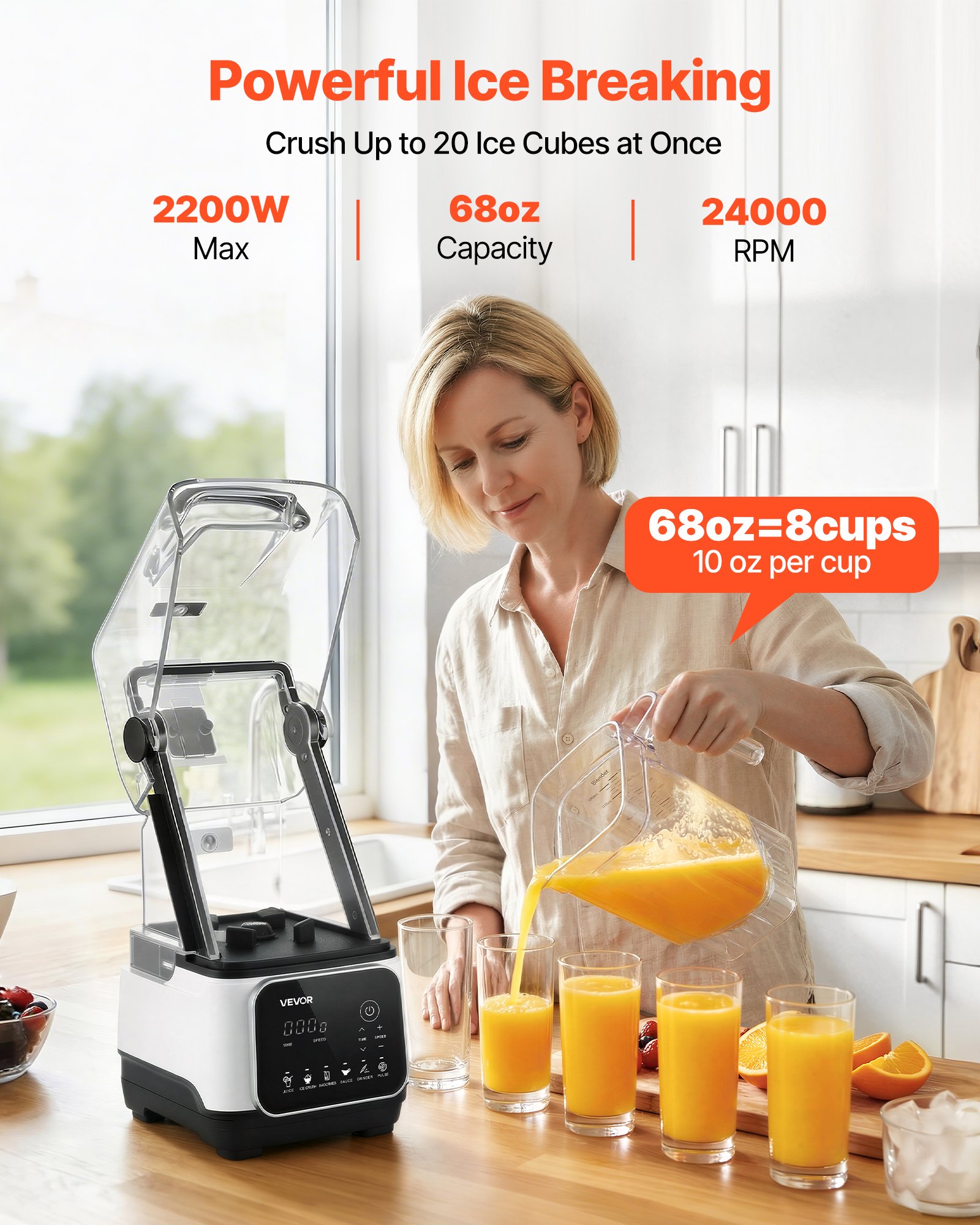 VEVOR Blender, 2L Professional Countertop Blenders with Shield, 2200W 26000RPM Kitchen Food Processor Combo, Self-Cleaning, Speed Adjustable, 6 Preset Menu for Smoothies, Ice Crushing, Puree, White