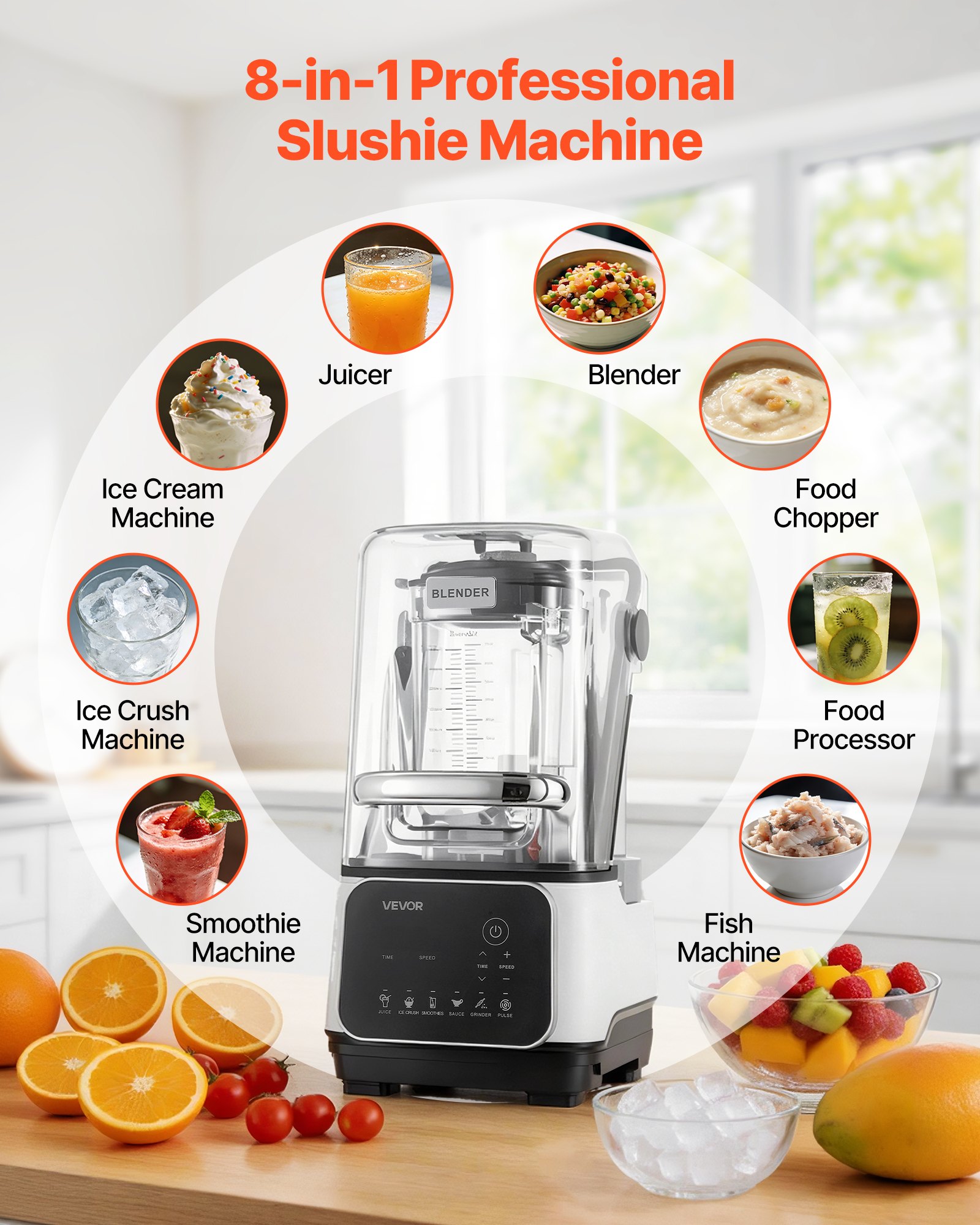 VEVOR Blender, 2L Professional Countertop Blenders with Shield, 2200W 26000RPM Kitchen Food Processor Combo, Self-Cleaning, Speed Adjustable, 6 Preset Menu for Smoothies, Ice Crushing, Puree, White