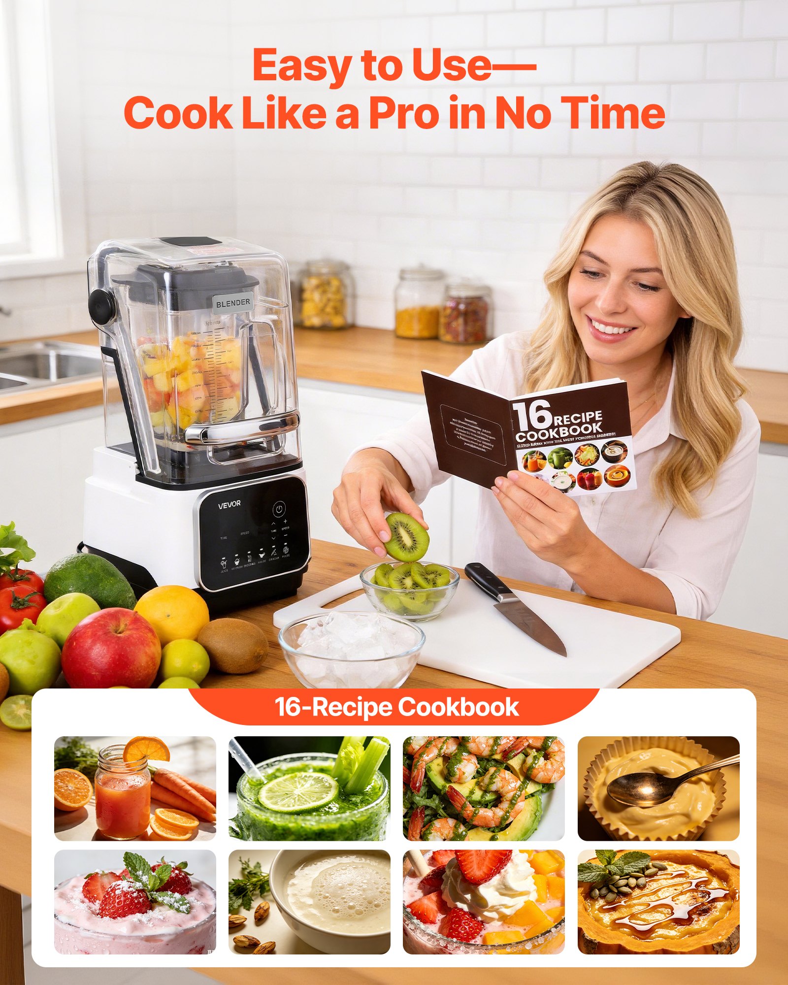 VEVOR Blender, 2L Professional Countertop Blenders with Shield, 2200W 26000RPM Kitchen Food Processor Combo, Self-Cleaning, Speed Adjustable, 6 Preset Menu for Smoothies, Ice Crushing, Puree, White