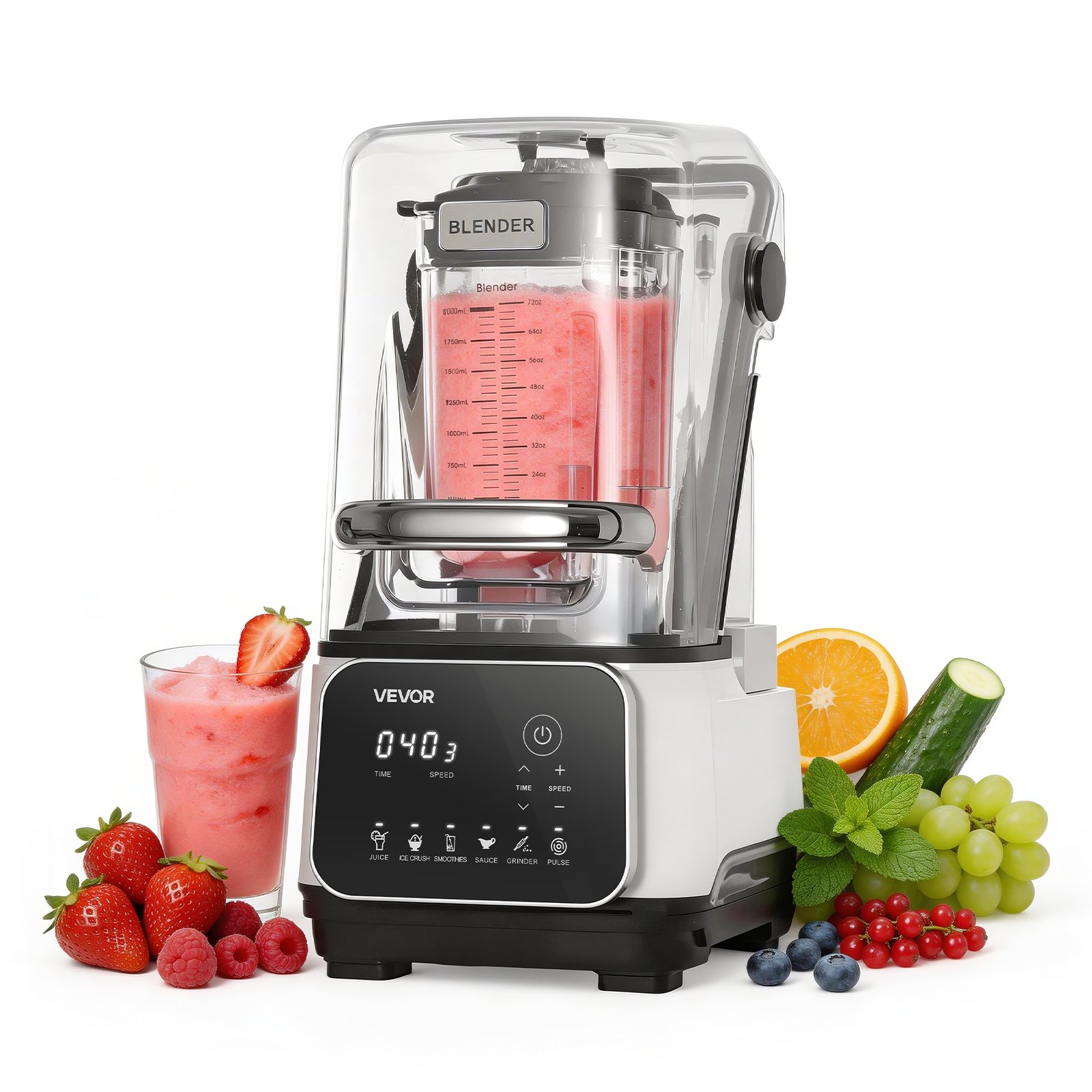 VEVOR Blender, 2L Professional Countertop Blenders with Shield, 2200W 26000RPM Kitchen Food Processor Combo, Self-Cleaning, Speed Adjustable, 6 Preset Menu for Smoothies, Ice Crushing, Puree, White