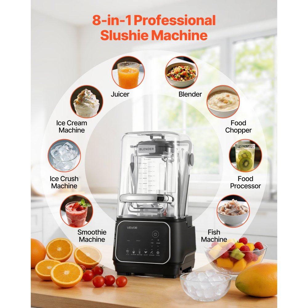 VEVOR Blender, 2L Professional Countertop Blenders with Shield, 2200W 26000RPM Kitchen Food Processor Combo, Self-Cleaning, Speed Adjustable, 6 Preset Menu for Smoothies, Ice Crushing, Puree, Black