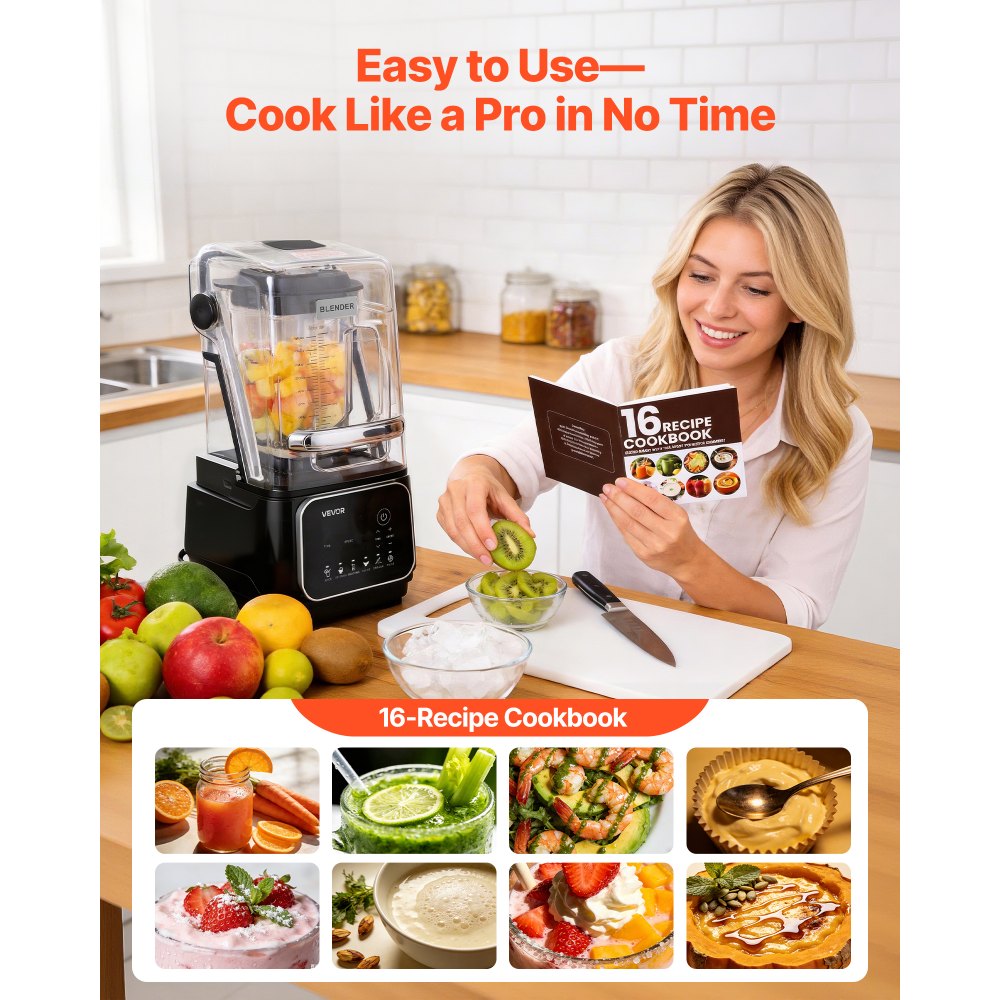 VEVOR Blender, 2L Professional Countertop Blenders with Shield, 2200W 26000RPM Kitchen Food Processor Combo, Self-Cleaning, Speed Adjustable, 6 Preset Menu for Smoothies, Ice Crushing, Puree, Black