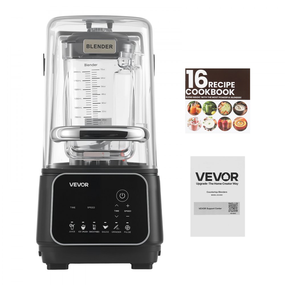 VEVOR Blender, 2L Professional Countertop Blenders with Shield, 2200W 26000RPM Kitchen Food Processor Combo, Self-Cleaning, Speed Adjustable, 6 Preset Menu for Smoothies, Ice Crushing, Puree, Black