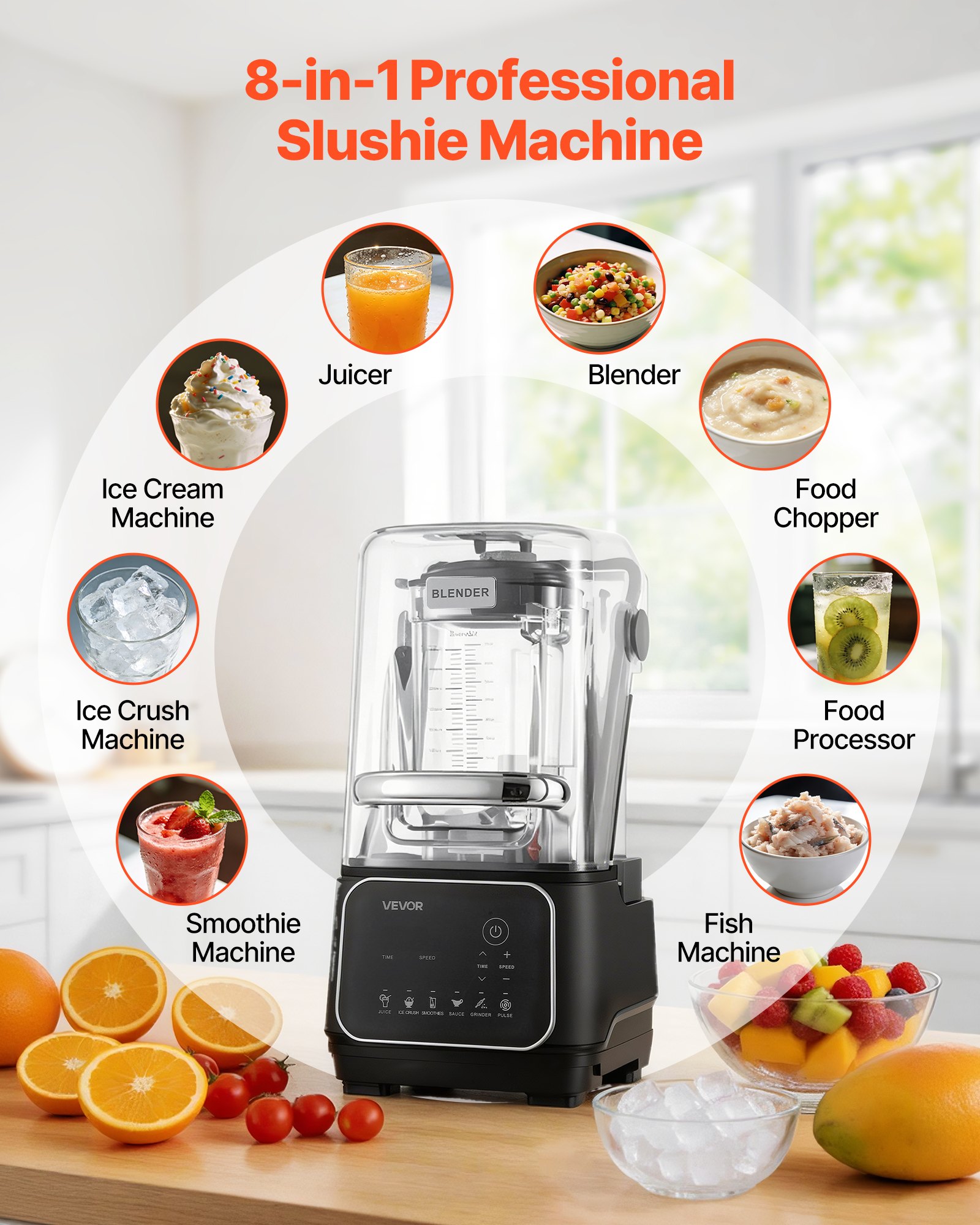 VEVOR Blender, 2L Professional Countertop Blenders with Shield, 2200W 26000RPM Kitchen Food Processor Combo, Self-Cleaning, Speed Adjustable, 6 Preset Menu for Smoothies, Ice Crushing, Puree, Black