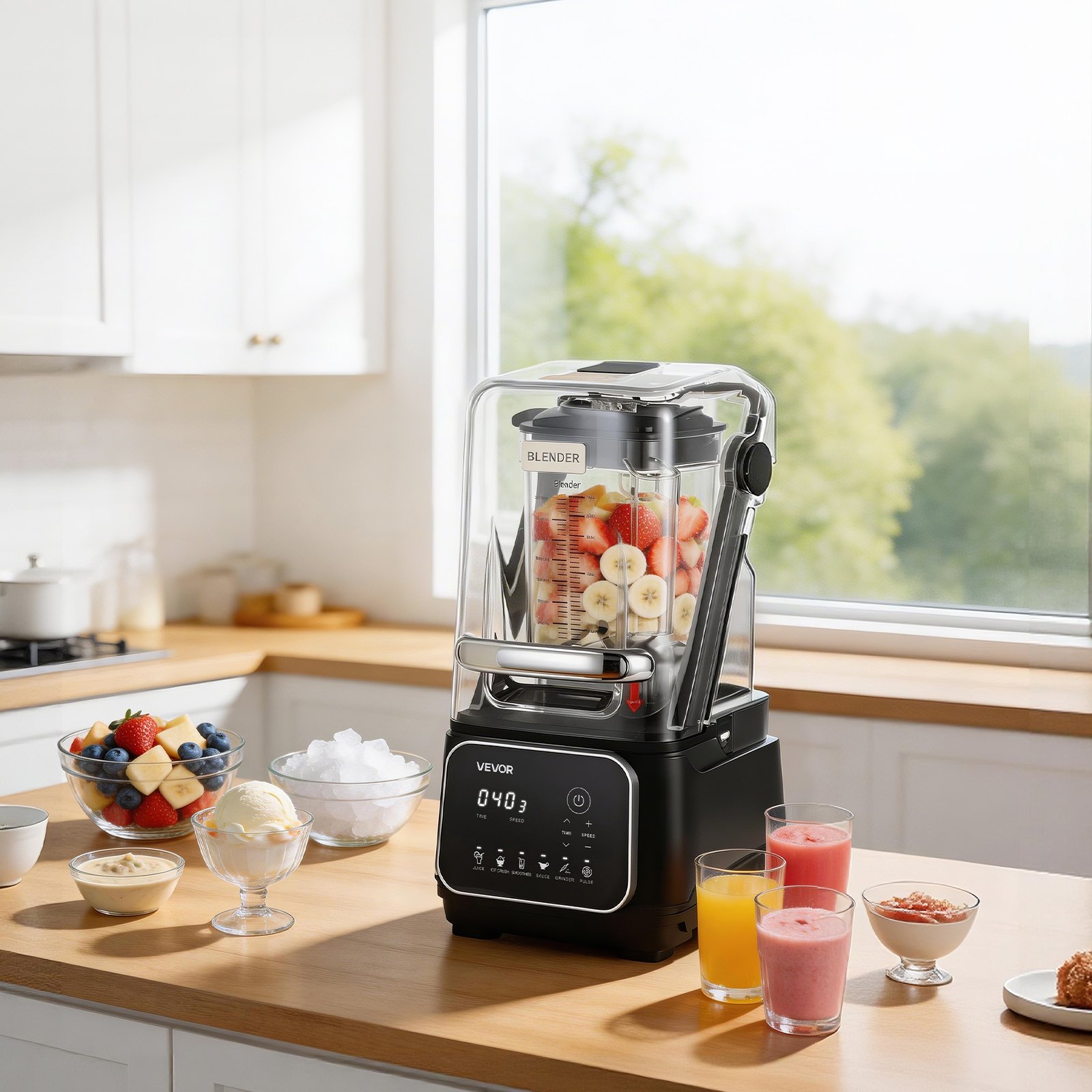 VEVOR Blender, 2L Professional Countertop Blenders with Shield, 2200W 26000RPM Kitchen Food Processor Combo, Self-Cleaning, Speed Adjustable, 6 Preset Menu for Smoothies, Ice Crushing, Puree, Black