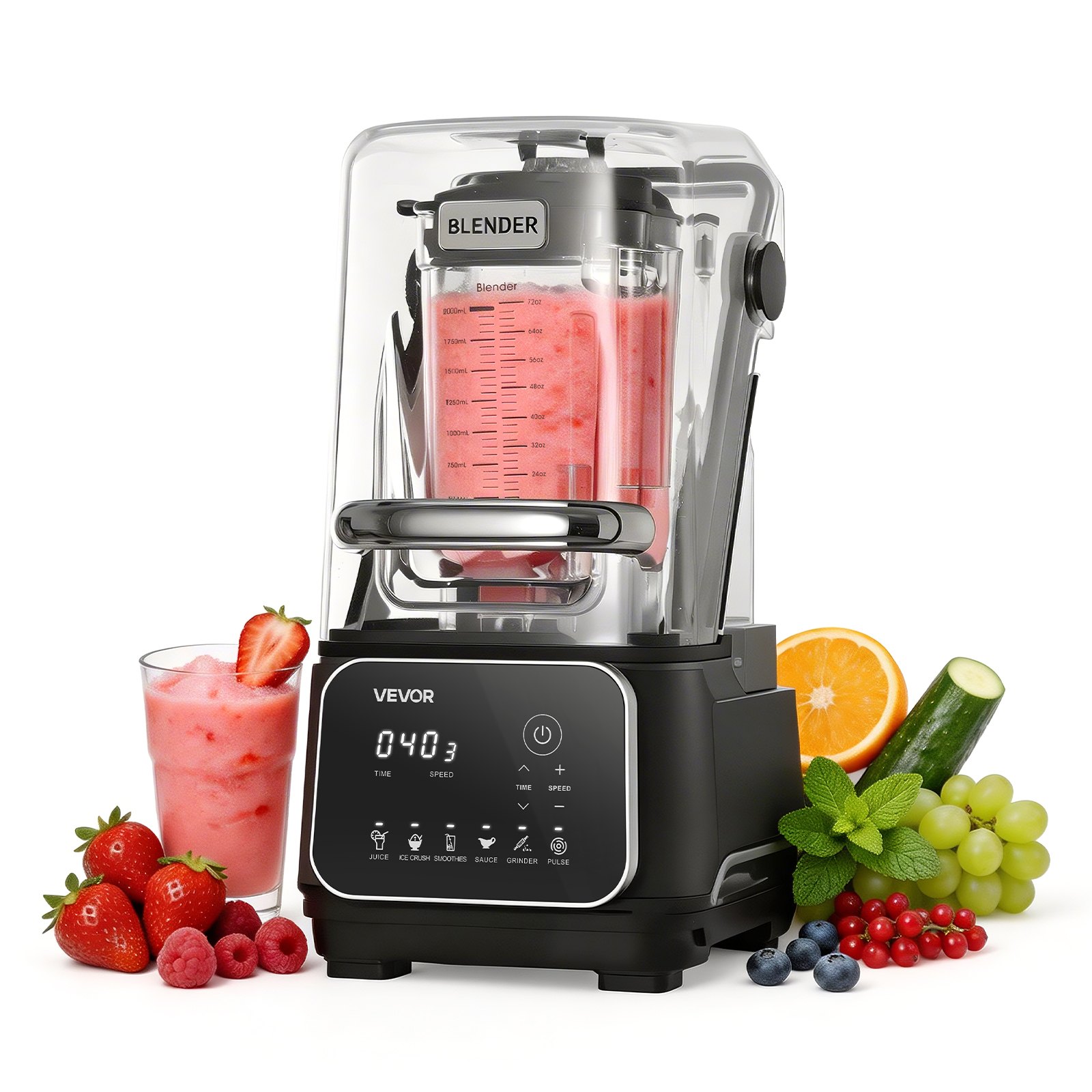 VEVOR Blender, 2L Professional Countertop Blenders with Shield, 2200W 26000RPM Kitchen Food Processor Combo, Self-Cleaning, Speed Adjustable, 6 Preset Menu for Smoothies, Ice Crushing, Puree, Black