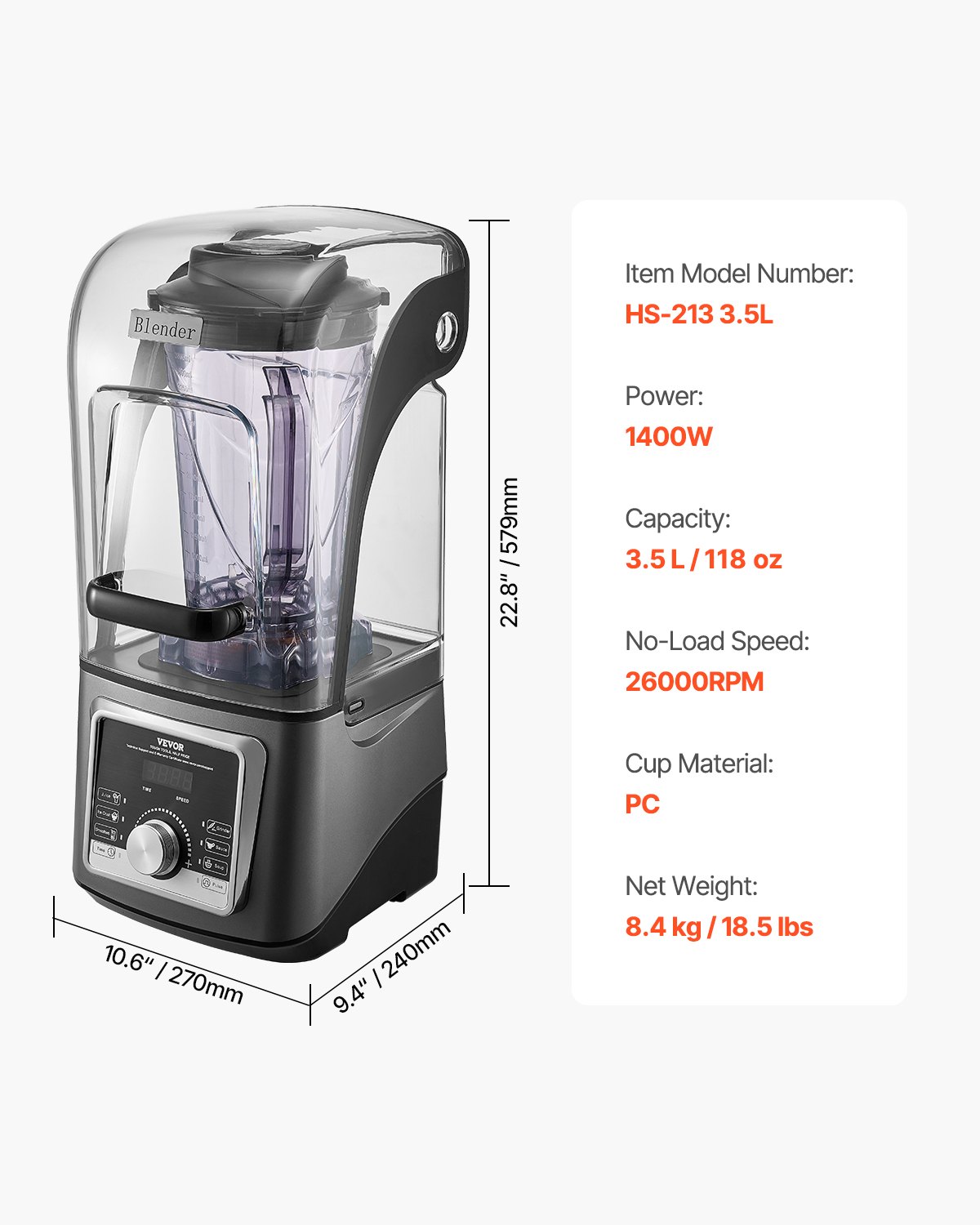 Licuadora VEVOR para batidos, 400 ml, 1400 W, licuadora profesional con potente motor, licuadora multifuncional para procesamiento de alimentos con cubierta insonorizante para batidos, malteadas y jugos, ideal para la cocina.