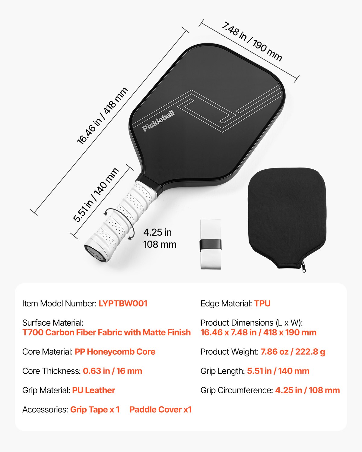 VEVOR Pickleball Paddle, T700 Carbon Fiber Surface & Honeycomb Core, Professional Pickleball Paddle with Increased Power & Control & Spin, Pro Pickle Ball Racket for Adults, Men & Women, Black