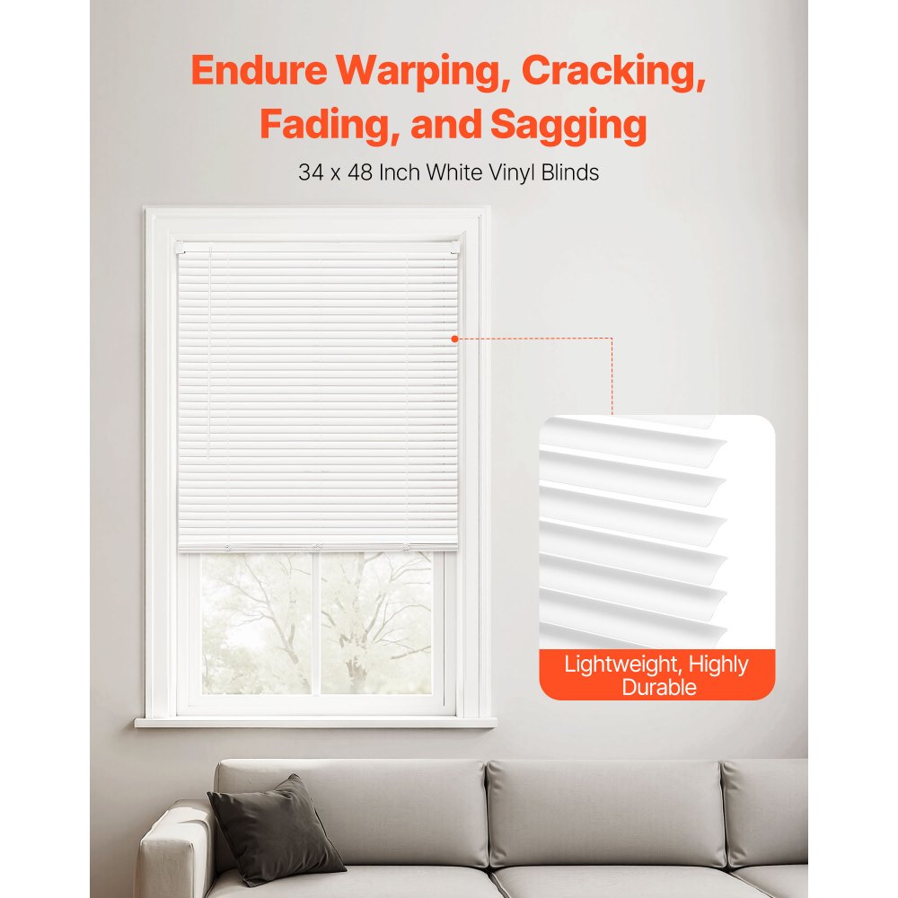 VEVOR Mini Blinds, 34" W x 48" H, 1" Slat Size, Cordless Horizontal Light Filtering Mini Blind for Indoor Windows, Easy to Clean and Simple Light Adjustment, for Home Decor, Room Darkening, White
