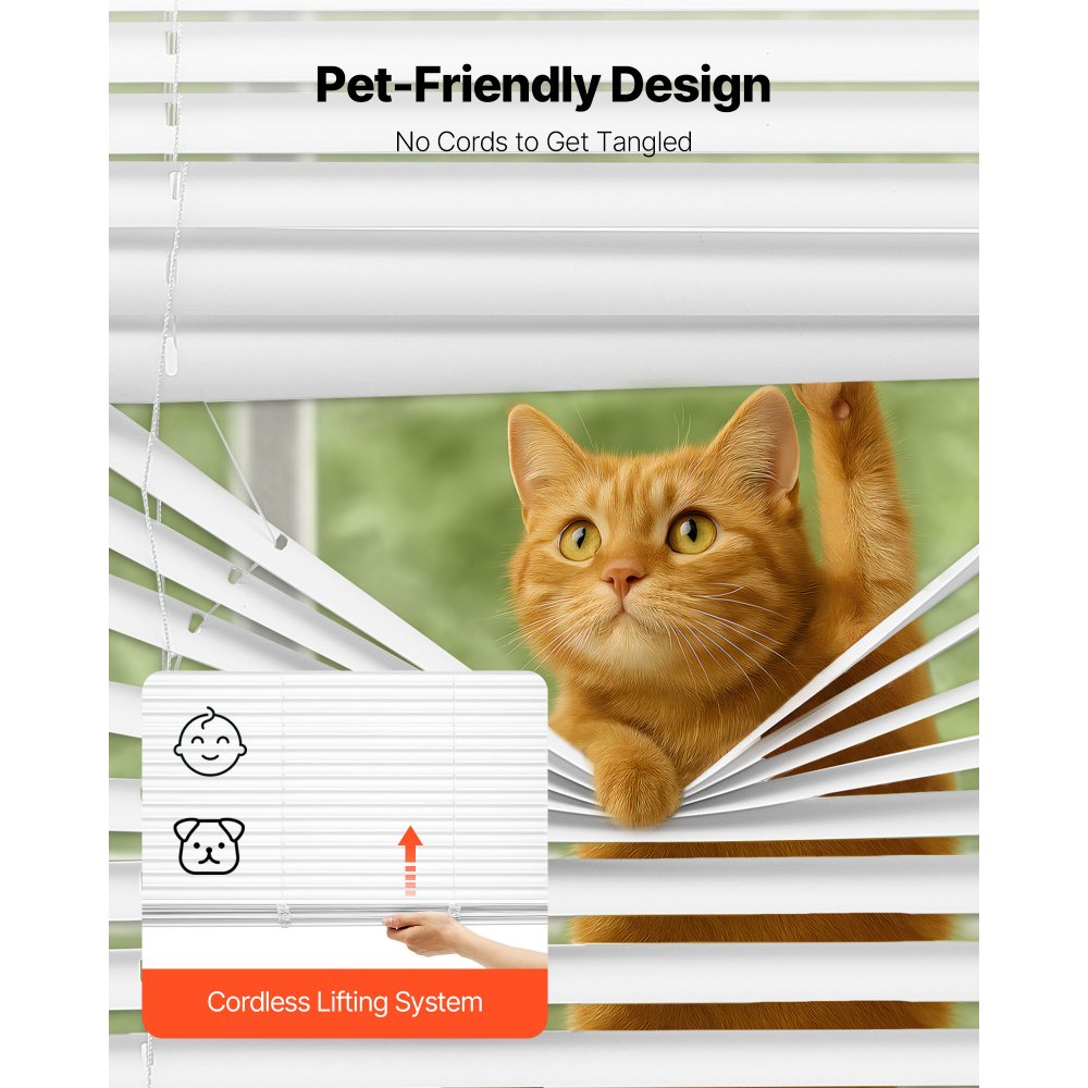 VEVOR Mini Blinds, 34" W x 48" H, 1" Slat Size, Cordless Horizontal Light Filtering Mini Blind for Indoor Windows, Easy to Clean and Simple Light Adjustment, for Home Decor, Room Darkening, White