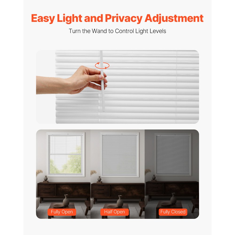 VEVOR Mini Blinds, 34" W x 48" H, 1" Slat Size, Cordless Horizontal Light Filtering Mini Blind for Indoor Windows, Easy to Clean and Simple Light Adjustment, for Home Decor, Room Darkening, White