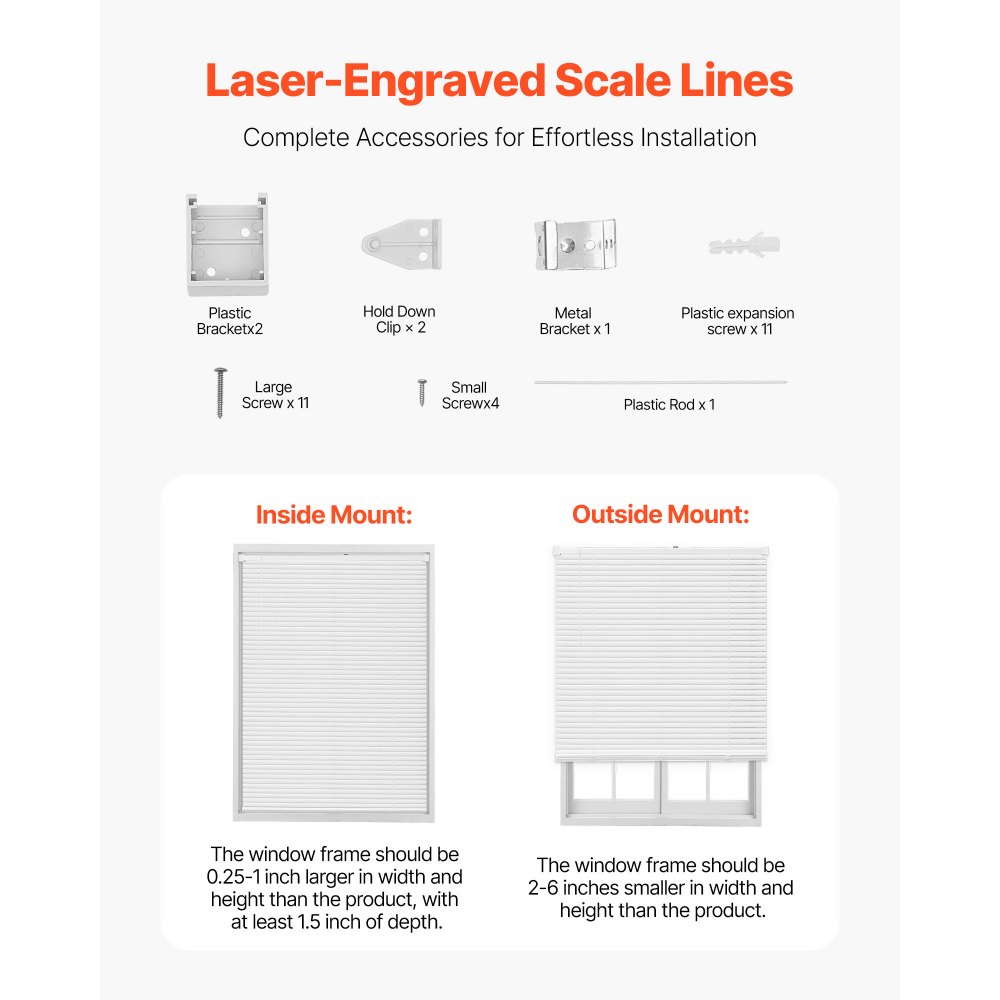 VEVOR Mini Blinds, 34" W x 48" H, 1" Slat Size, Cordless Horizontal Light Filtering Mini Blind for Indoor Windows, Easy to Clean and Simple Light Adjustment, for Home Decor, Room Darkening, White