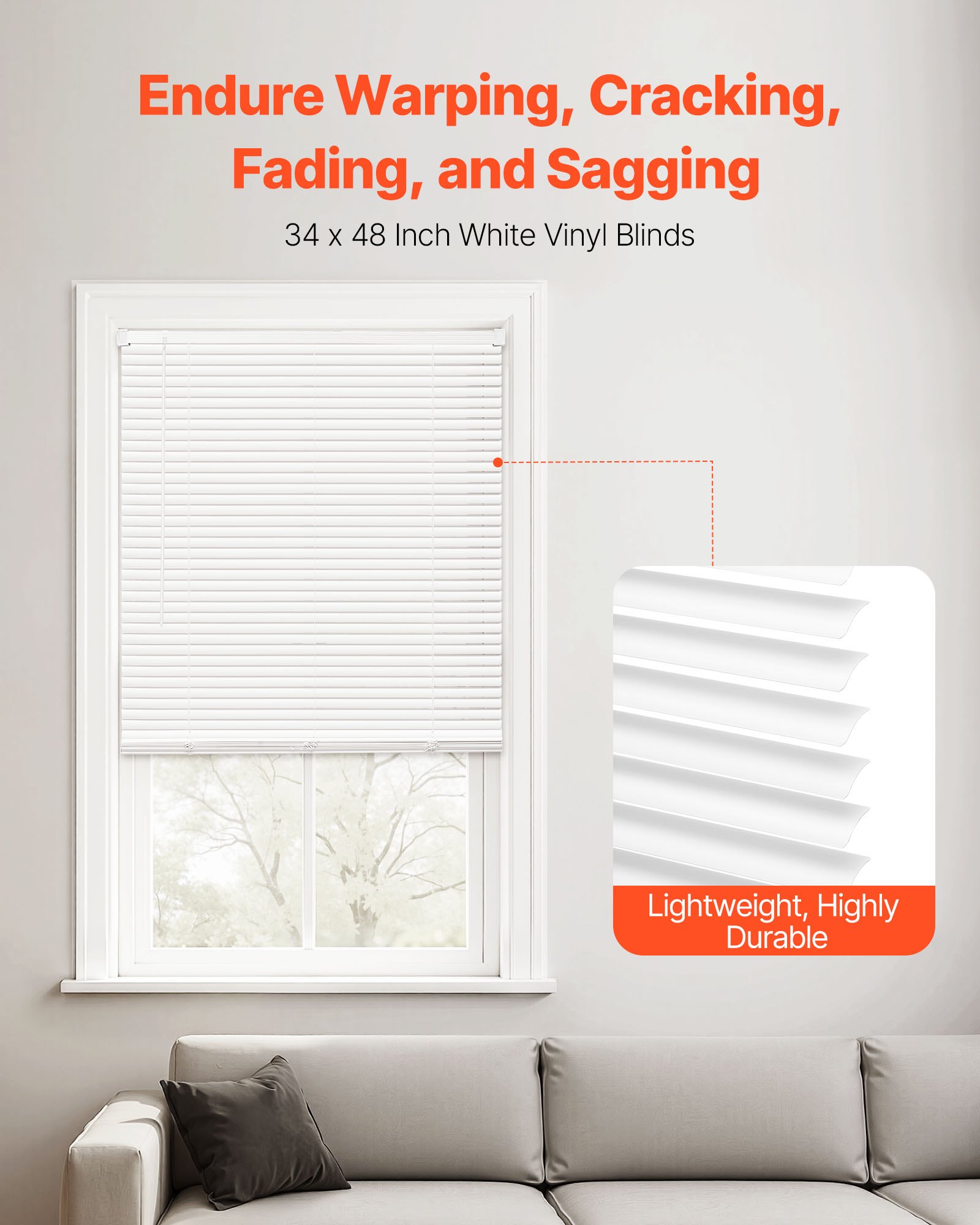 VEVOR Mini Blinds, 34" W x 48" H, 1" Slat Size, Cordless Horizontal Light Filtering Mini Blind for Indoor Windows, Easy to Clean and Simple Light Adjustment, for Home Decor, Room Darkening, White
