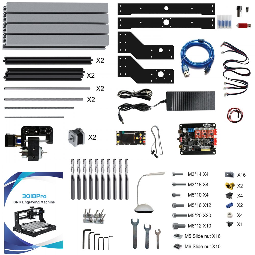 VEVOR CNC 3018 Pro Kit de enrutador CNC de 3 ejes Control GRBL Máquina de grabado CNC Controlador fuera de línea y 10 piezas Brocas de enrutador CNC Fresa de extremo de enrutador CNC de 1/8 "Acero de tungsteno para tallar área de trabajo XYZ 300x180x45 mm