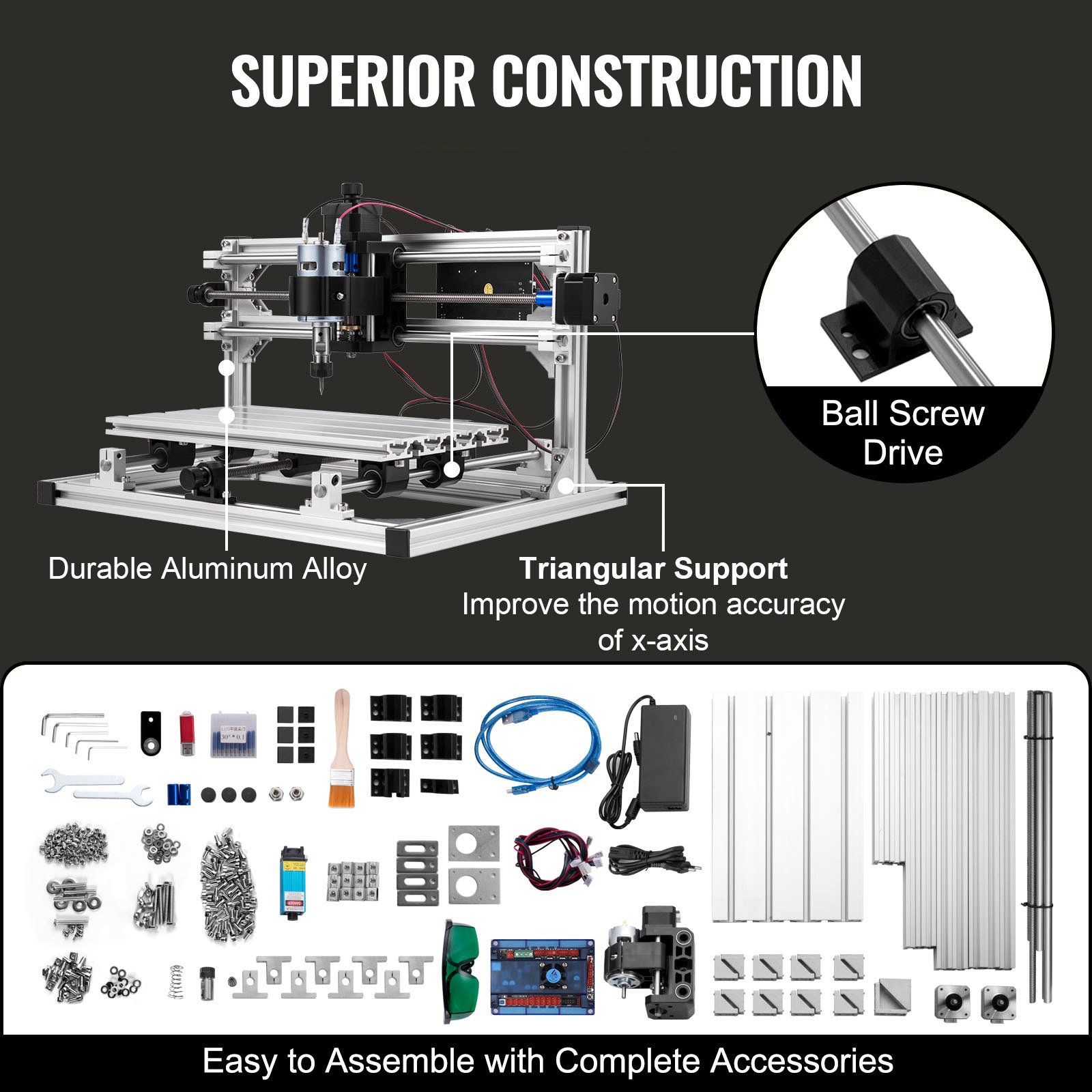 VEVOR CNC 3018 Router Kit GRBL Control CNC Machine 3 Axis Milling Engraving Machine XYZ Working Area 300 x 180 x 45 mm with 500mW Laser Head for Plastic Acrylic PCB PVC Wood Carving(500mW)
