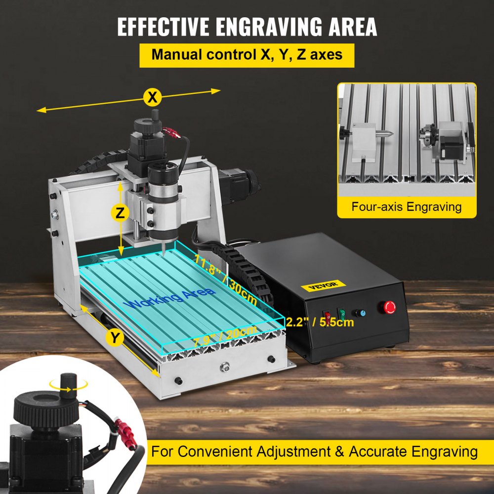 VEVOR CNC Router Engraver Kit 3020 CNC Router 4 Axis USB Port CNC Router Engraver Machine 200W CNC Router Engraving Drilling Milling Machine MACH3 Control for DIY(300X200mm)