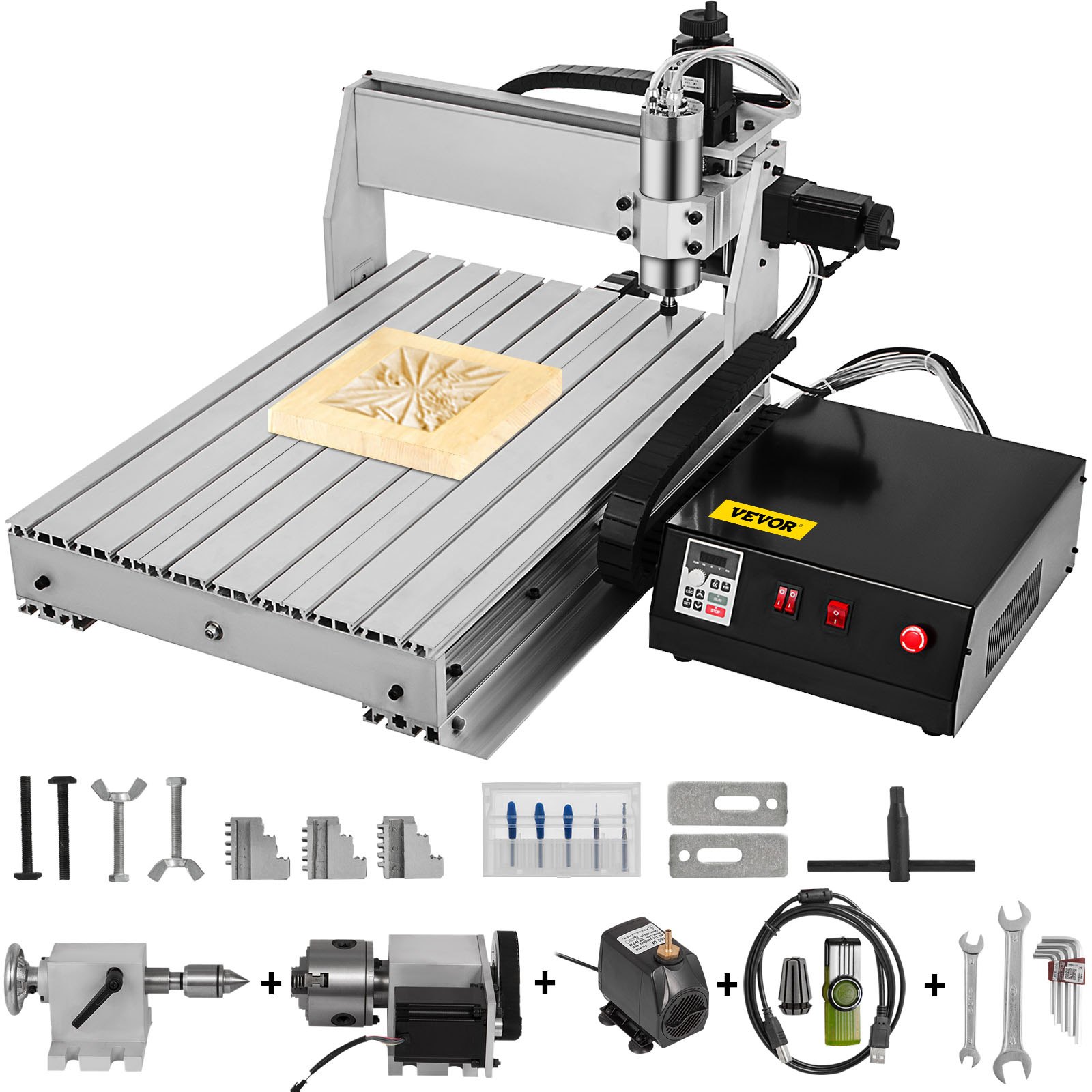 VEVOR CNC Router 6040 4 Axis CNC Router Engraver 600x400mm 1000W USB Engraving CNC Router Kit MACH3 Control VFD Water-Cooling Router Ball Screw for Metal, Wood, Glass and Plastic(6040 4 Axis)