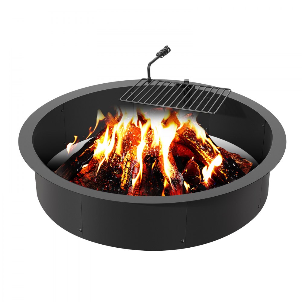 VEVOR fire pit ring with fiery logs and attached grill, perfect for outdoor gatherings.