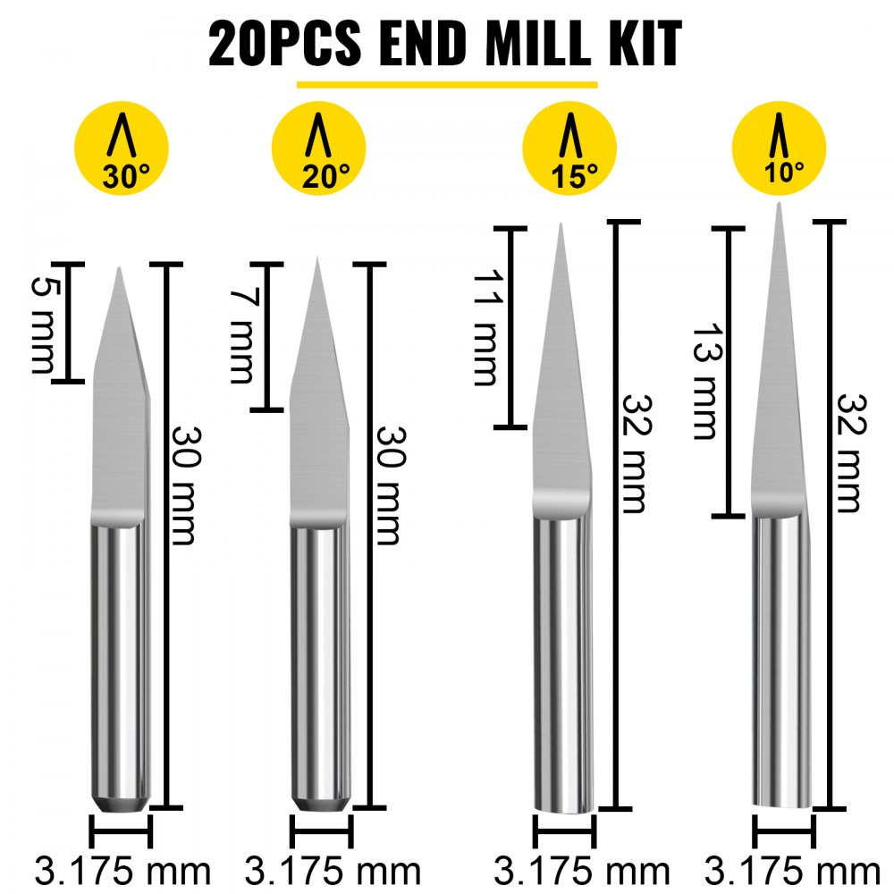 VEVOR 20 piezas CNC Bits 1/8 "(3.175 mm) Vástago CNC Router End Mill 0.1 mm Punta en forma de V Brocas de grabado Acero de tungsteno 3D Fresa 10/15/20/30 Grados CNC Talla Bits para grabado Acrílico Madera maciza MDF
