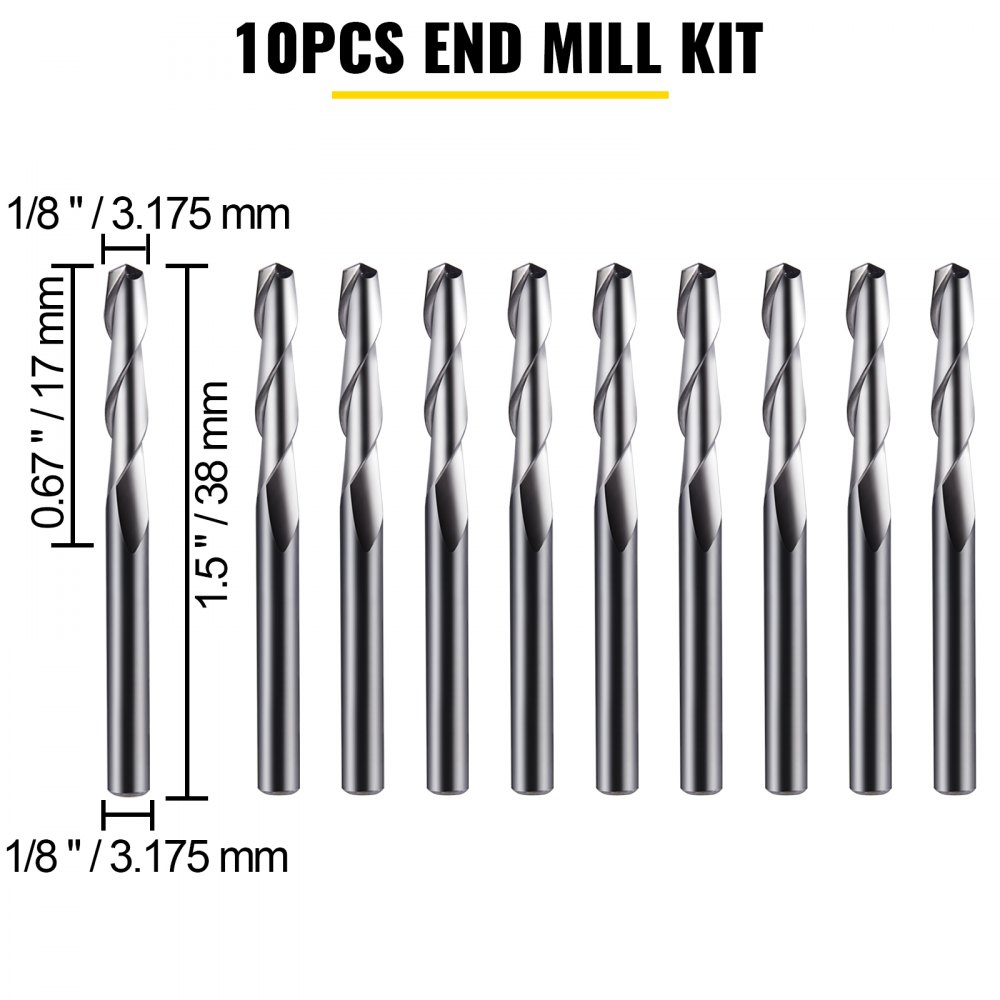 VEVOR 10 piezas CNC Router Bits 1/8 "CNC Router End Mill Tungsteno Acero CNC Grabado Bits Flat Nose 2 Flauta Espiral Fresa Juego de herramientas para grabado Corte Acrílico Madera maciza MDF (3.175x17x38mm)