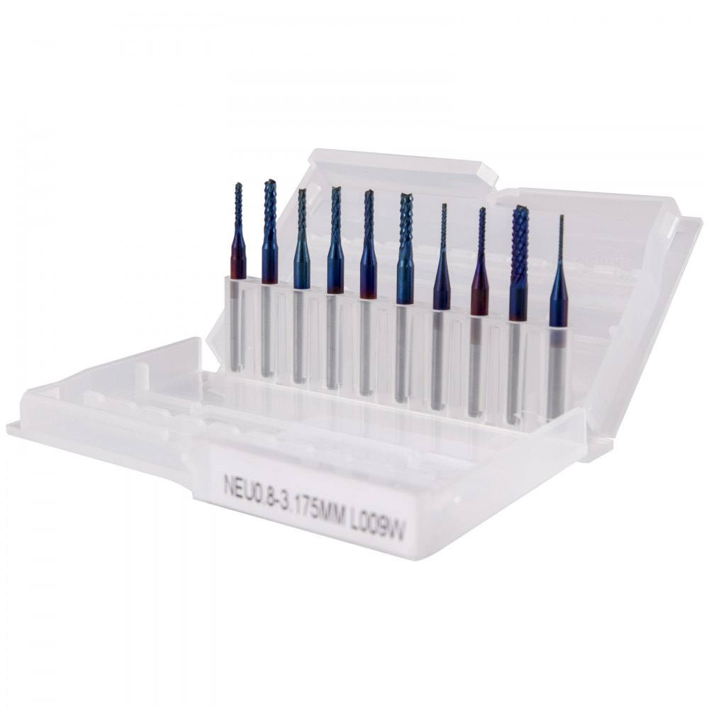 VEVOR 10PCs CNC Router Bits 1/8"(3.175mm) Shank End Mill Nano Blue Coat 0.8/1.0/1.2/1.4/1.6/1.8/2.0/2.2/2.4/3mm Engraving Bits Tungsten Steel Spiral Milling Tool Set for Engraving Cutting Acrylic Wood