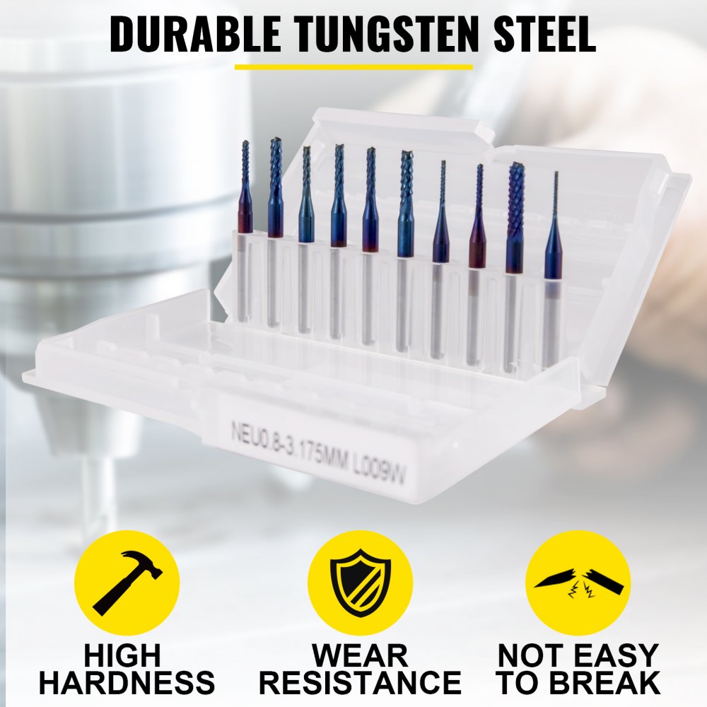 VEVOR 10PCs CNC Router Bits 1/8"(3.175mm) Shank End Mill Nano Blue Coat 0.8/1.0/1.2/1.4/1.6/1.8/2.0/2.2/2.4/3mm Engraving Bits Tungsten Steel Spiral Milling Tool Set for Engraving Cutting Acrylic Wood