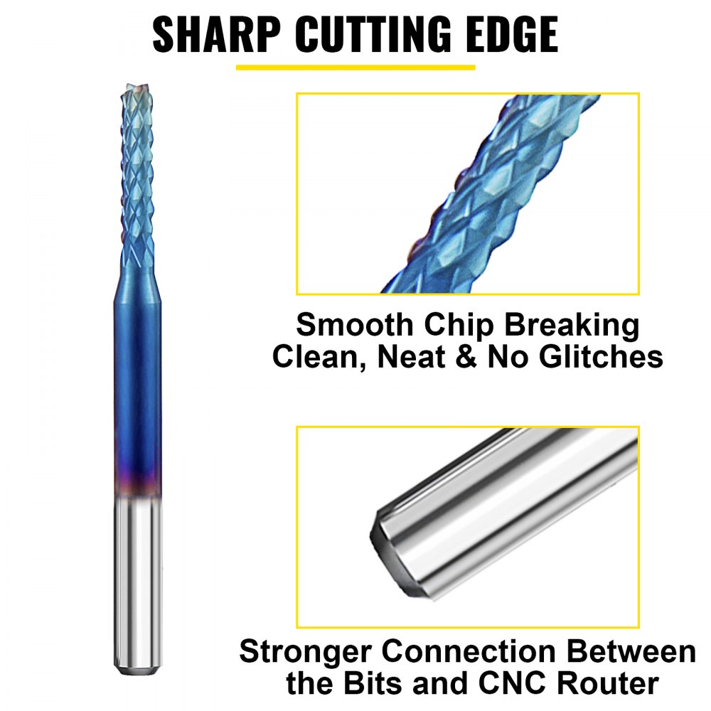VEVOR 10PCs CNC Router Bits 1/8"(3.175mm) Shank End Mill Nano Blue Coat 0.8/1.0/1.2/1.4/1.6/1.8/2.0/2.2/2.4/3mm Engraving Bits Tungsten Steel Spiral Milling Tool Set for Engraving Cutting Acrylic Wood