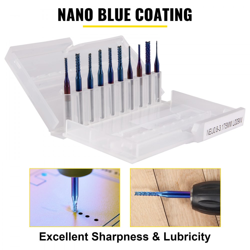VEVOR 10PCs CNC Router Bits 1/8"(3.175mm) Shank End Mill Nano Blue Coat 0.8/1.0/1.2/1.4/1.6/1.8/2.0/2.2/2.4/3mm Engraving Bits Tungsten Steel Spiral Milling Tool Set for Engraving Cutting Acrylic Wood