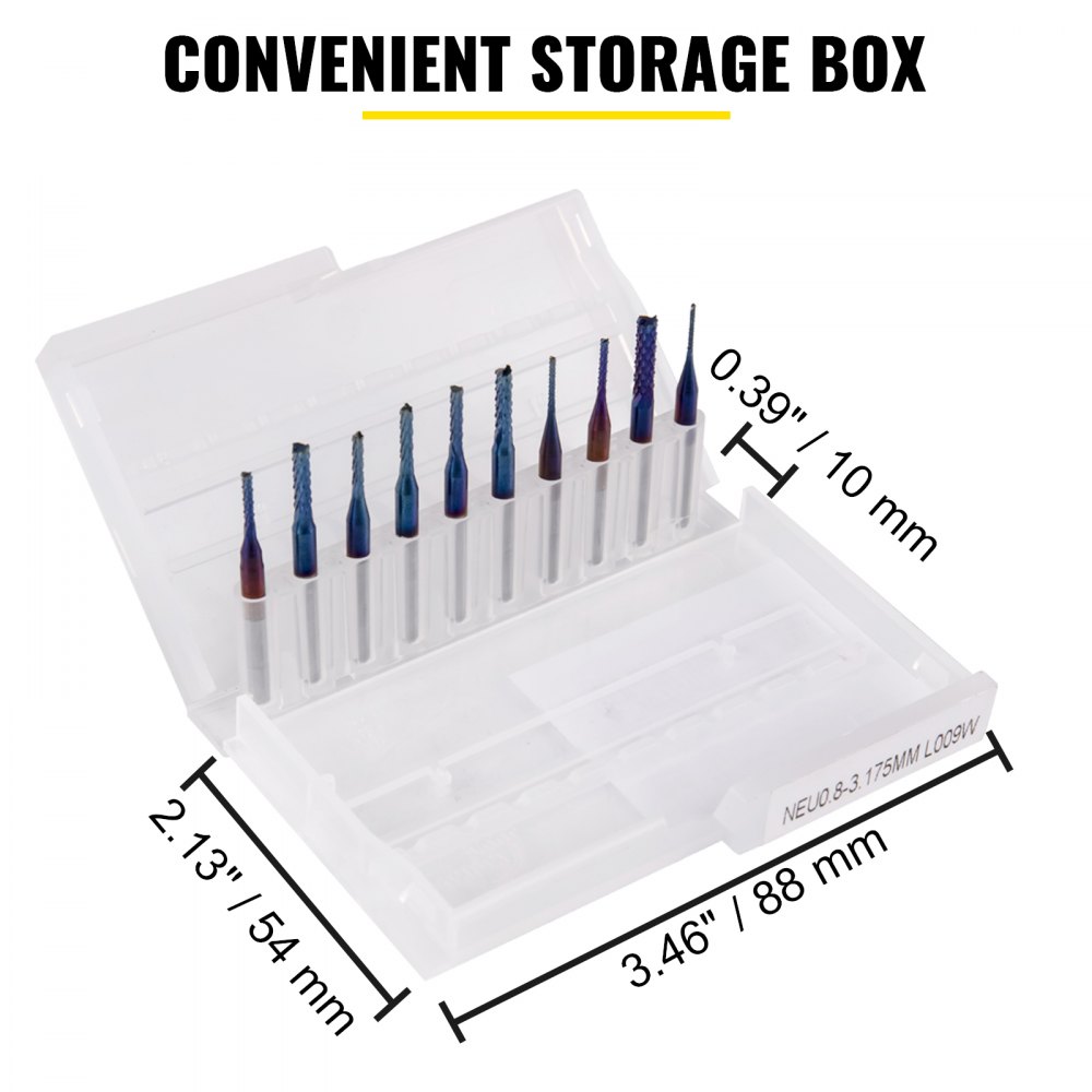 VEVOR 10PCs CNC Router Bits 1/8"(3.175mm) Shank End Mill Nano Blue Coat 0.8/1.0/1.2/1.4/1.6/1.8/2.0/2.2/2.4/3mm Engraving Bits Tungsten Steel Spiral Milling Tool Set for Engraving Cutting Acrylic Wood