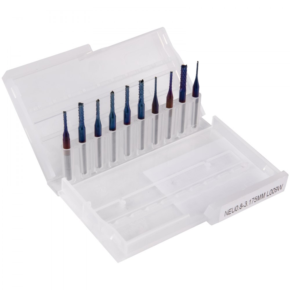 VEVOR 10PCs CNC Router Bits 1/8"(3.175mm) Shank End Mill Nano Blue Coat 0.8/1.0/1.2/1.4/1.6/1.8/2.0/2.2/2.4/3mm Engraving Bits Tungsten Steel Spiral Milling Tool Set for Engraving Cutting Acrylic Wood