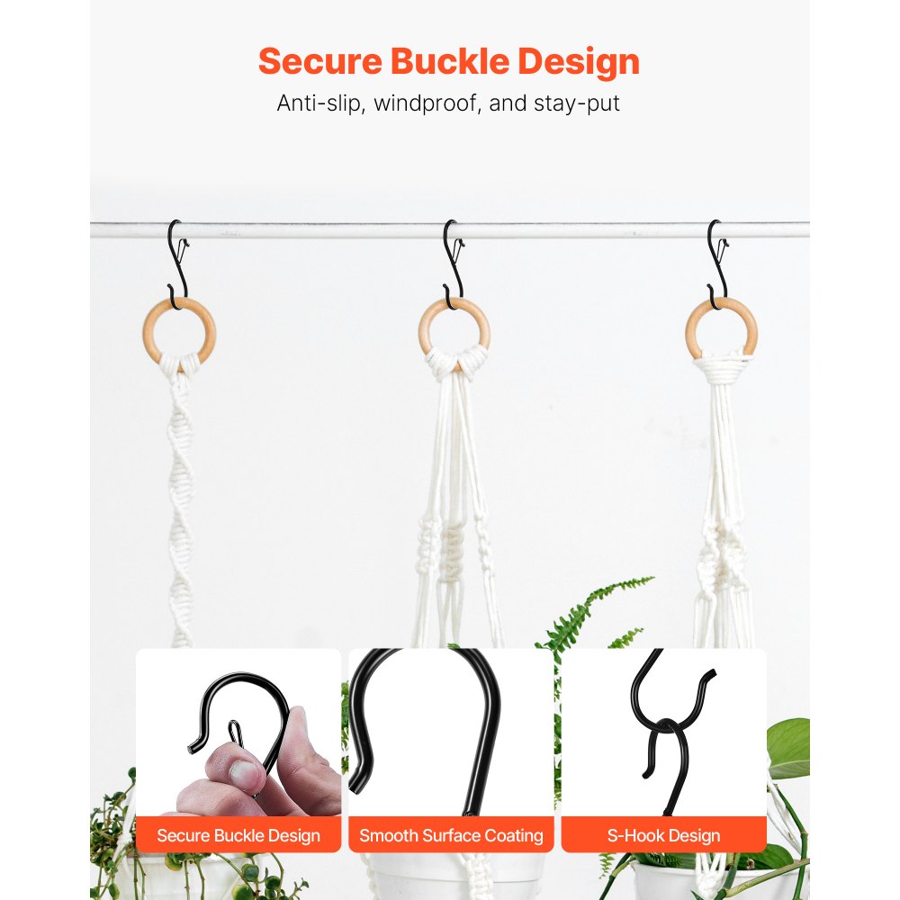 VEVOR S Hooks 36 Pack, 39.68 LBS Capacity for Bars up to 0.85 Inch, S Shaped Hooks with Safety Buckle, Heavy Duty Metal Hangers for Plants, Jeans, Clothes in Garden, Closet, Kitchen, Bedroom, Black