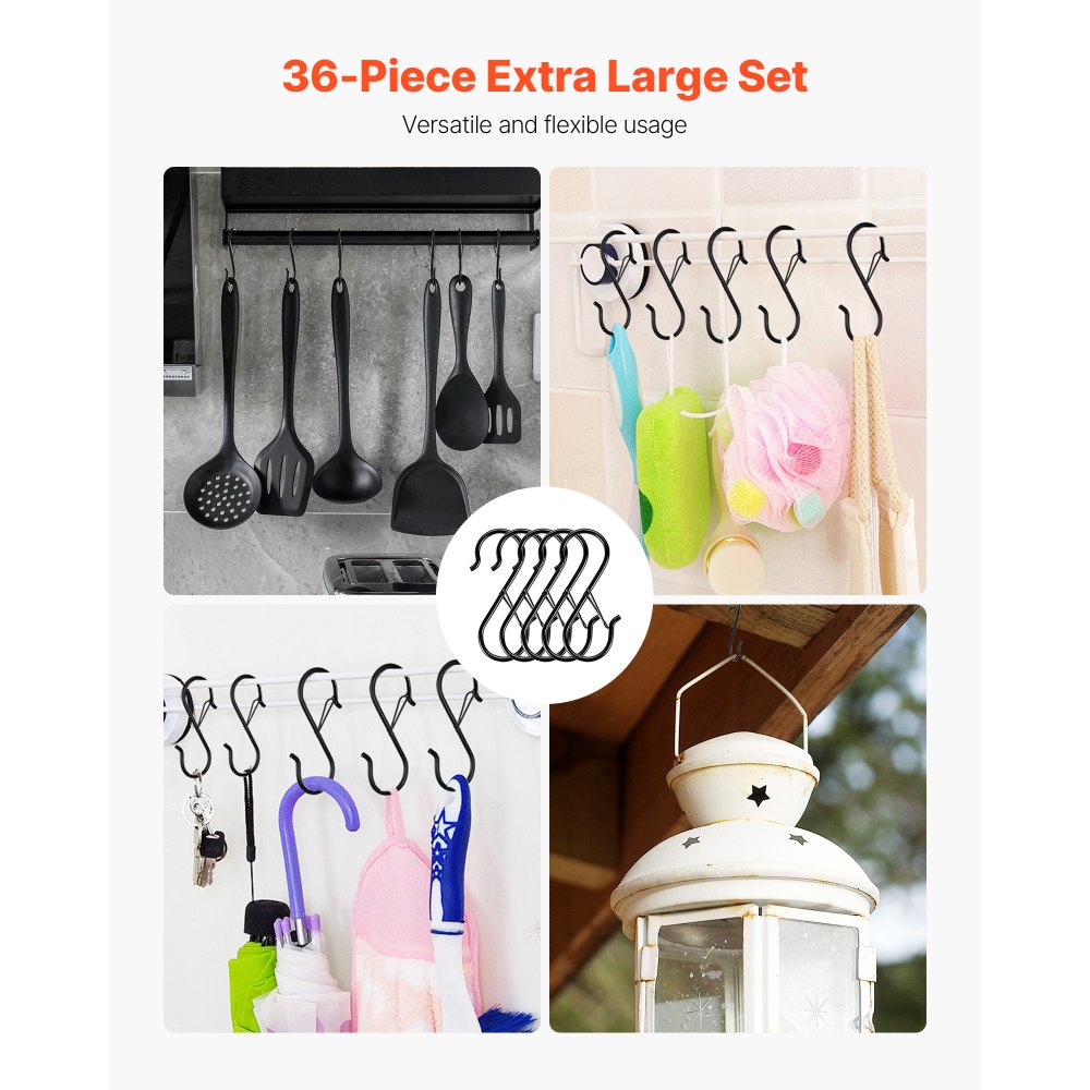 VEVOR S Hooks 36 Pack, 39.68 LBS Capacity for Bars up to 0.85 Inch, S Shaped Hooks with Safety Buckle, Heavy Duty Metal Hangers for Plants, Jeans, Clothes in Garden, Closet, Kitchen, Bedroom, Black