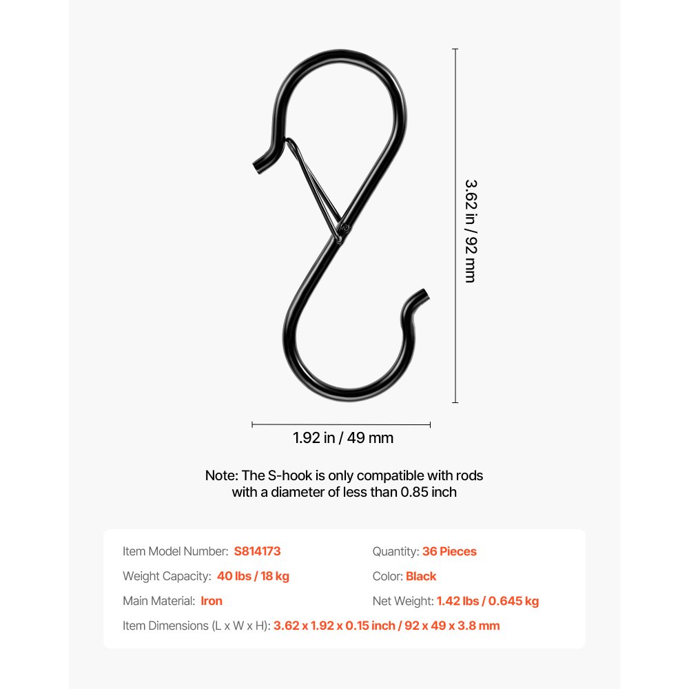 VEVOR S Hooks 36 Pack, 39.68 LBS Capacity for Bars up to 0.85 Inch, S Shaped Hooks with Safety Buckle, Heavy Duty Metal Hangers for Plants, Jeans, Clothes in Garden, Closet, Kitchen, Bedroom, Black