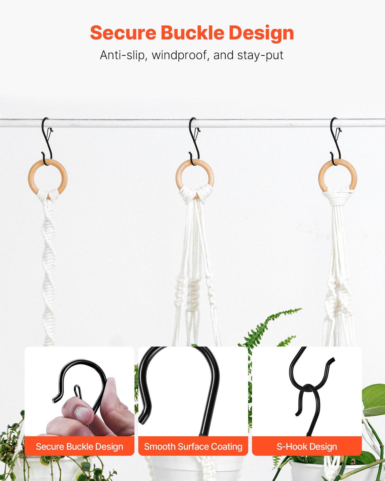 VEVOR S Hooks 36 Pack, 39.68 LBS Capacity for Bars up to 0.85 Inch, S Shaped Hooks with Safety Buckle, Heavy Duty Metal Hangers for Plants, Jeans, Clothes in Garden, Closet, Kitchen, Bedroom, Black