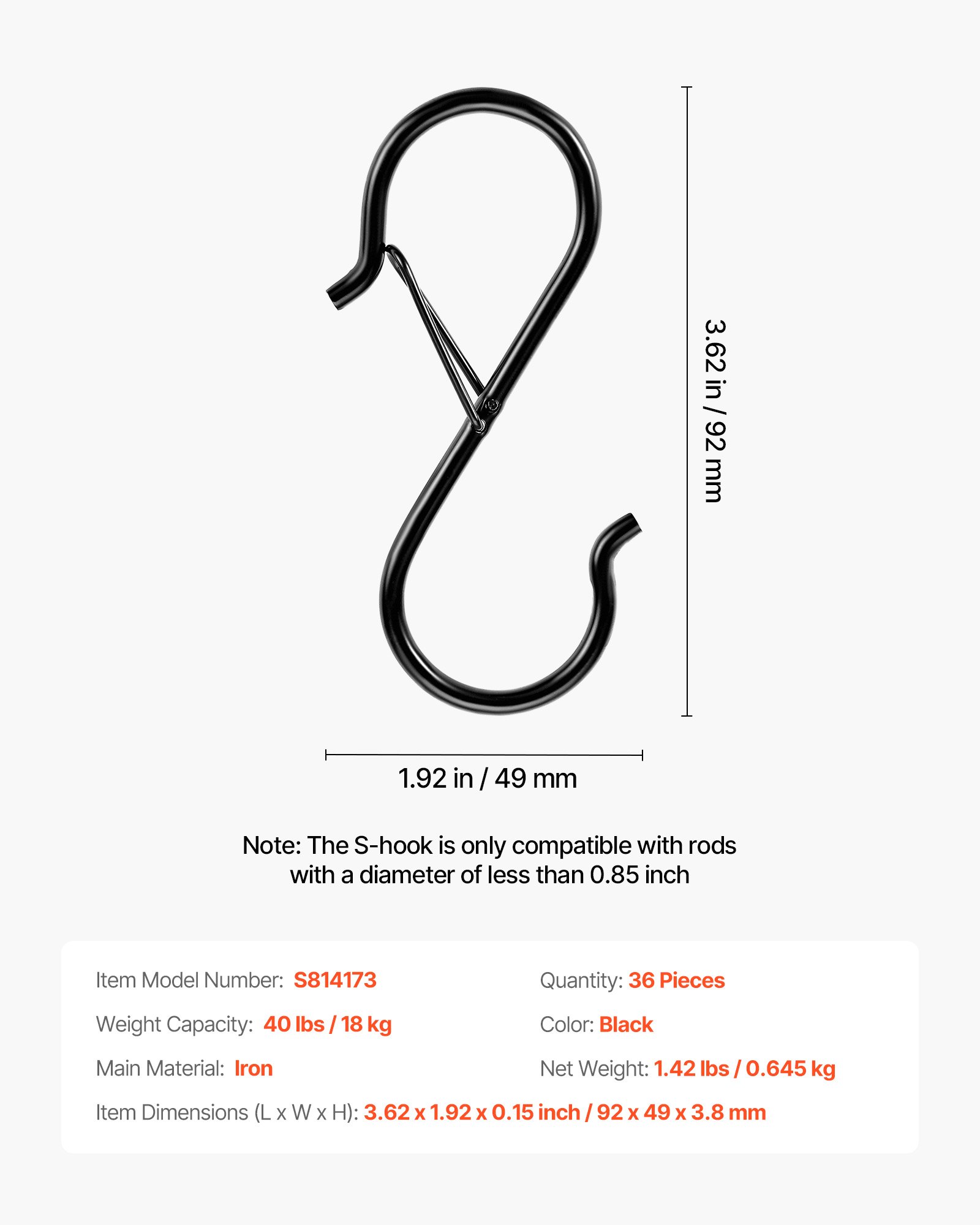 VEVOR S Hooks 36 Pack, 39.68 LBS Capacity for Bars up to 0.85 Inch, S Shaped Hooks with Safety Buckle, Heavy Duty Metal Hangers for Plants, Jeans, Clothes in Garden, Closet, Kitchen, Bedroom, Black