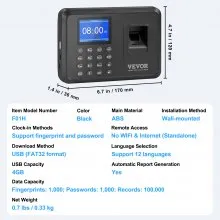 VEVOR Time Clock, Fingerprint Time Clocks for Employees Small Business, Biometric Time Clock with USB Drive, Automatic Punch in/Out, No Monthly Fees