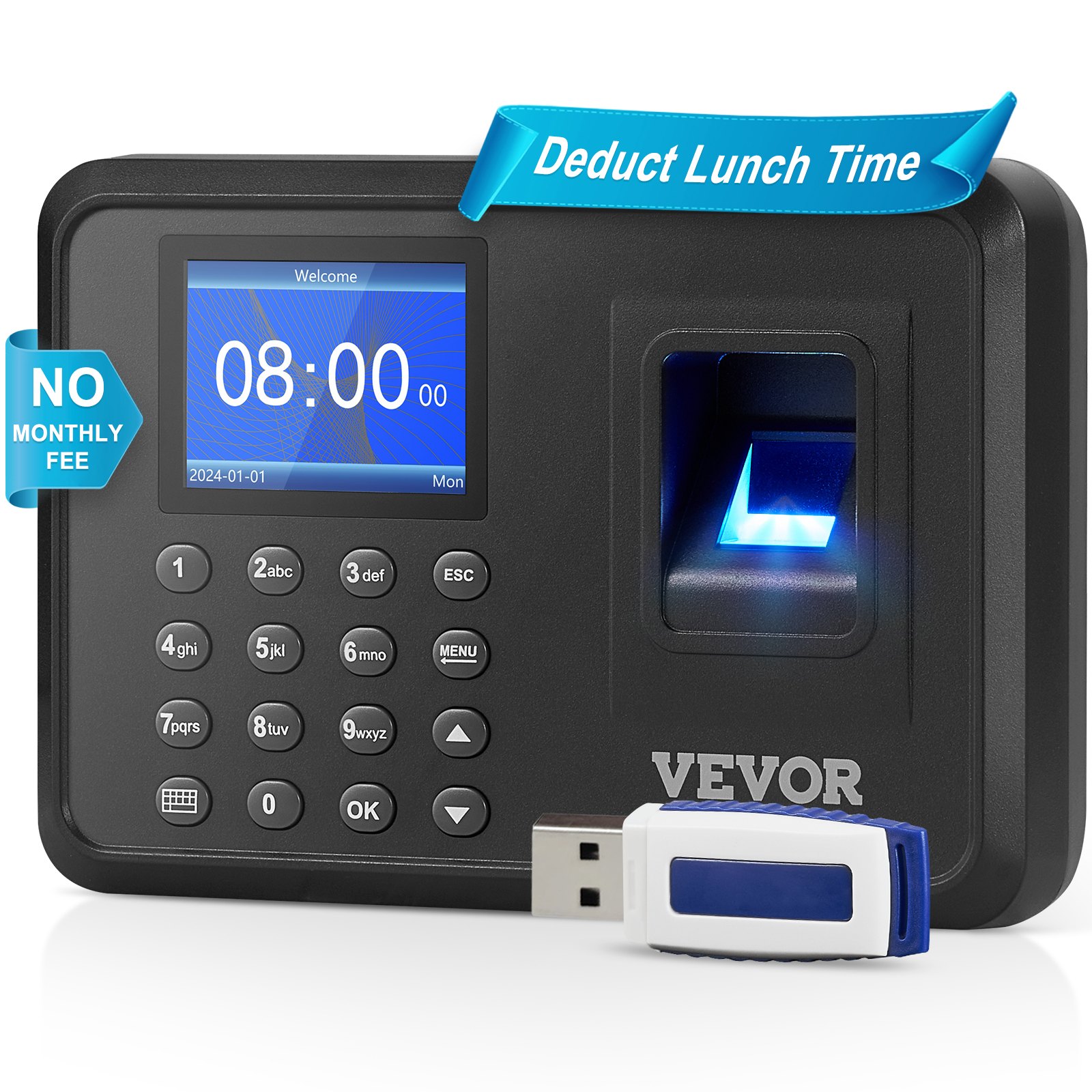 VEVOR Time Clock, Employee Attendance Machine with Fingerprint, and PIN Punching in One, Standalone Biometric Time Clock in Machine for Employees Small Business with 2.4 in Screen & No Monthly Fees