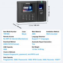 VEVOR Time Clock, Employee Attendance Machine with Fingerprint, RFID and PIN Punching in One, Standalone Biometric Clock in Machine for Employees Small Business with 5 RFID Cards & No Monthly Fees