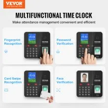 Relojes de control de tiempo VEVOR para empleados de pequeñas empresas con reconocimiento facial, de huellas dactilares, RFID y PIN en uno, reloj de control de tiempo biométrico con 5 tarjetas RFID y unidad USB, registro automático de entrada y salida, sin tarifas mensuales