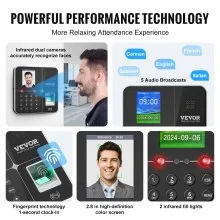 Relojes de control de tiempo VEVOR para empleados de pequeñas empresas con reconocimiento facial, de huellas dactilares, RFID y PIN en uno, reloj de control de tiempo biométrico con 5 tarjetas RFID y unidad USB, registro automático de entrada y salida, sin tarifas mensuales