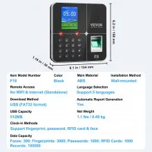 Relojes de control de tiempo VEVOR para empleados de pequeñas empresas con reconocimiento facial, de huellas dactilares, RFID y PIN en uno, reloj de control de tiempo biométrico con 5 tarjetas RFID y unidad USB, registro automático de entrada y salida, sin tarifas mensuales