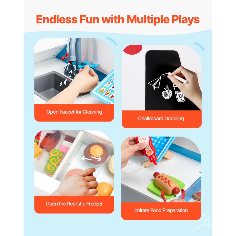 VEVOR Ice Cream Cart for Kids, 20+ PCS Ice Cream Truck Wooden Playset, Pretend Play Stand with Steering Wheel & Chalkboard, Payment Scanner & Freezer, Faucet & Sink, Suitable for Kids 3-7 Years Old