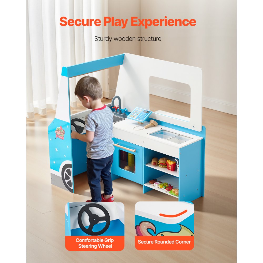 VEVOR Ice Cream Cart for Kids, 20+ PCS Ice Cream Truck Wooden Playset, Pretend Play Stand with Steering Wheel & Chalkboard, Payment Scanner & Freezer, Faucet & Sink, Suitable for Kids 3-7 Years Old