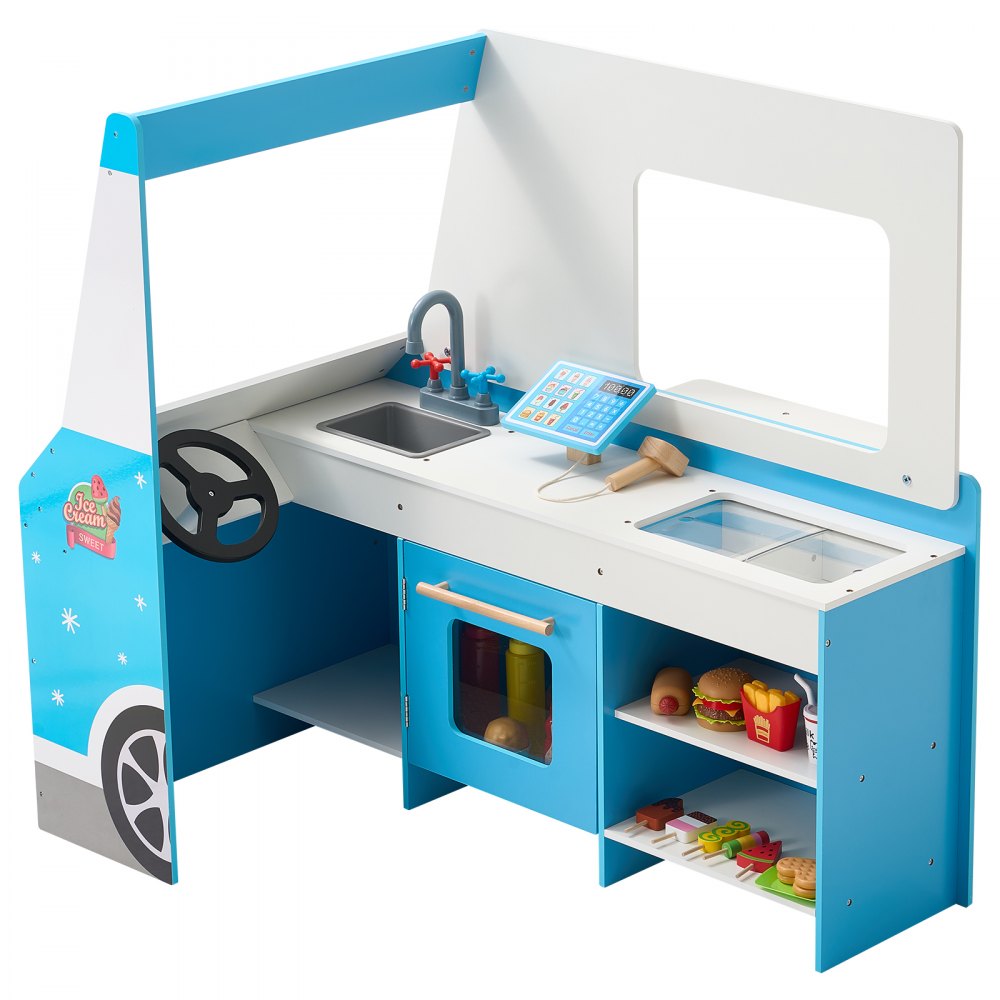 VEVOR Ice Cream Cart for Kids, 20+ PCS Ice Cream Truck Wooden Playset, Pretend Play Stand with Steering Wheel & Chalkboard, Payment Scanner & Freezer, Faucet & Sink, Suitable for Kids 3-7 Years Old
