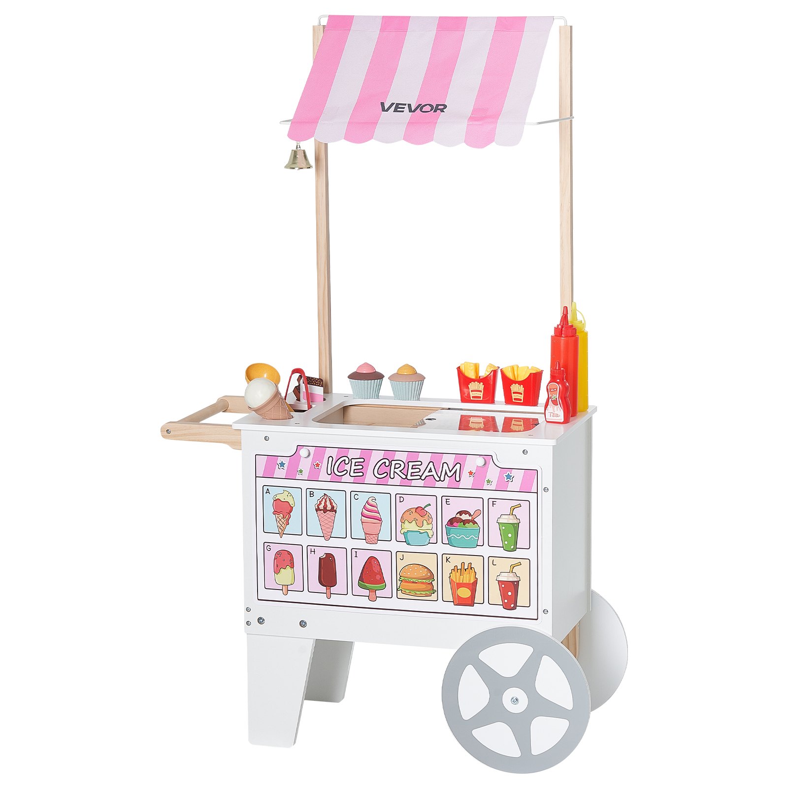 VEVOR Ice Cream Cart for Kids, 20+ PCS Accessories, Pretend Play Ice Cream Shop Kitchen Food Toys with Ice Cream Cone & Popsicle, Awning & Freezer, Storage Drawers & Flipping Menus, For Kids Aged 3-7