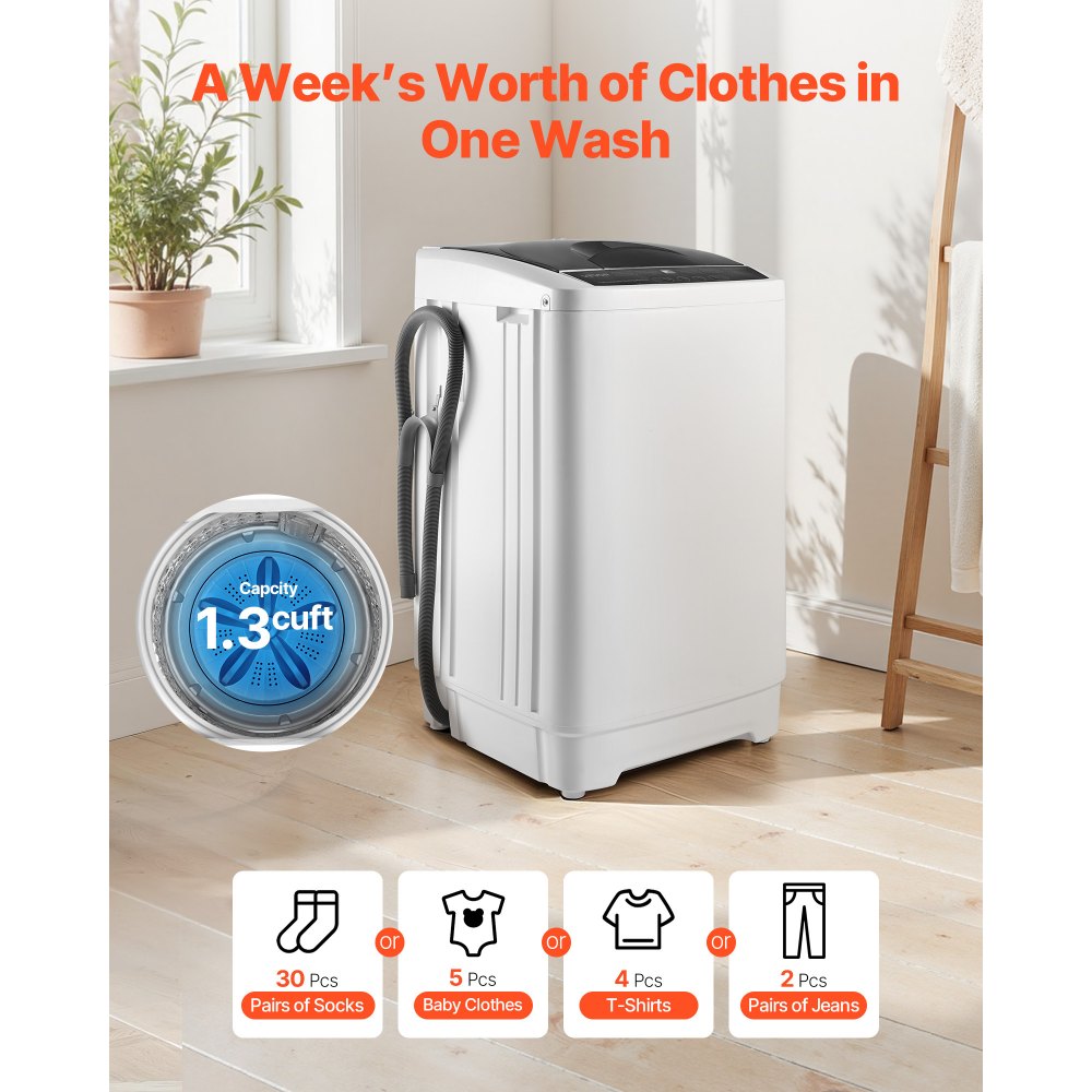 VEVOR Portable Washing Machine, Portable Washer 1.3 cu.ft with LED Display, Stainless Steel Drum, 8 Wash Programs & 6 Adjustable Water Levels, Portable Washer Machine for Apartments, RVs, and Dorms
