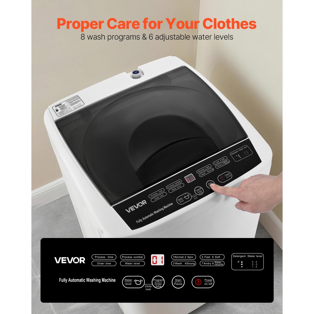 VEVOR Portable Washing Machine, Portable Washer 1.3 cu.ft with LED Display, Stainless Steel Drum, 8 Wash Programs & 6 Adjustable Water Levels, Portable Washer Machine for Apartments, RVs, and Dorms